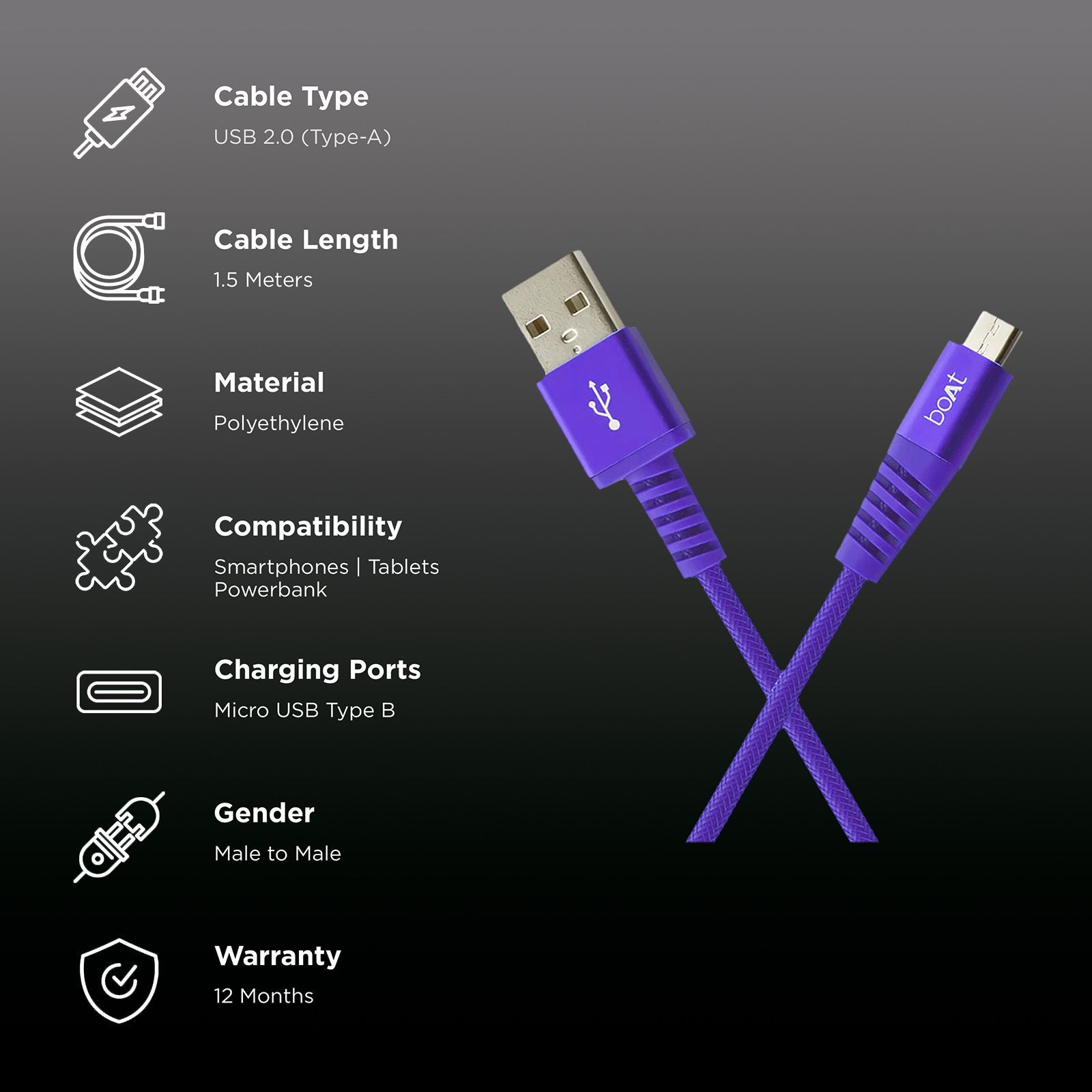 boAt Rugged 700 V3 Type A to Micro USB 4.9 Feet (1.5M) Cable (Tangle-free Design, Purple)_2