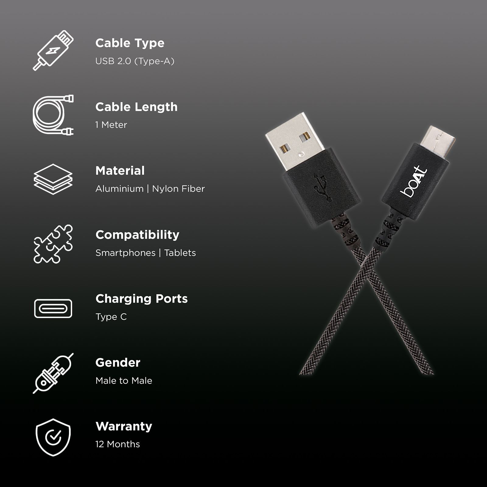 boAt A400 Type A to Type C 3.3 Feet (1M) Cable (Tangle-free Design, Black) boAt A400 Type A to Type C 3.3 Feet (1M) Cable (Tangle-free Design, Black)_2