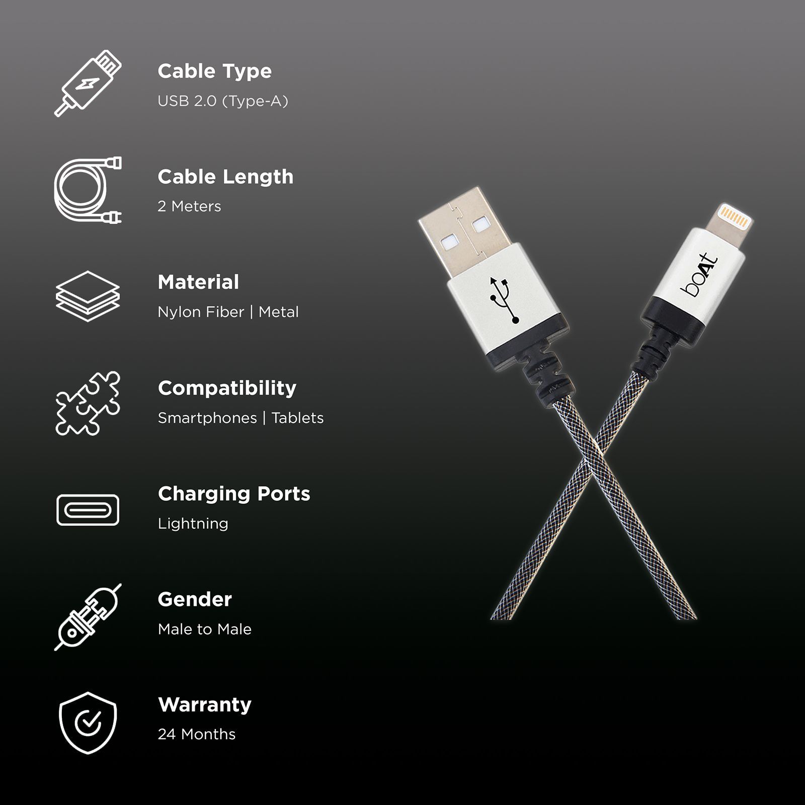 boAt LTG 500 Type A to Lightning 6.6 Feet (2M) Cable (MFi Certified, Metallic Silver)_2