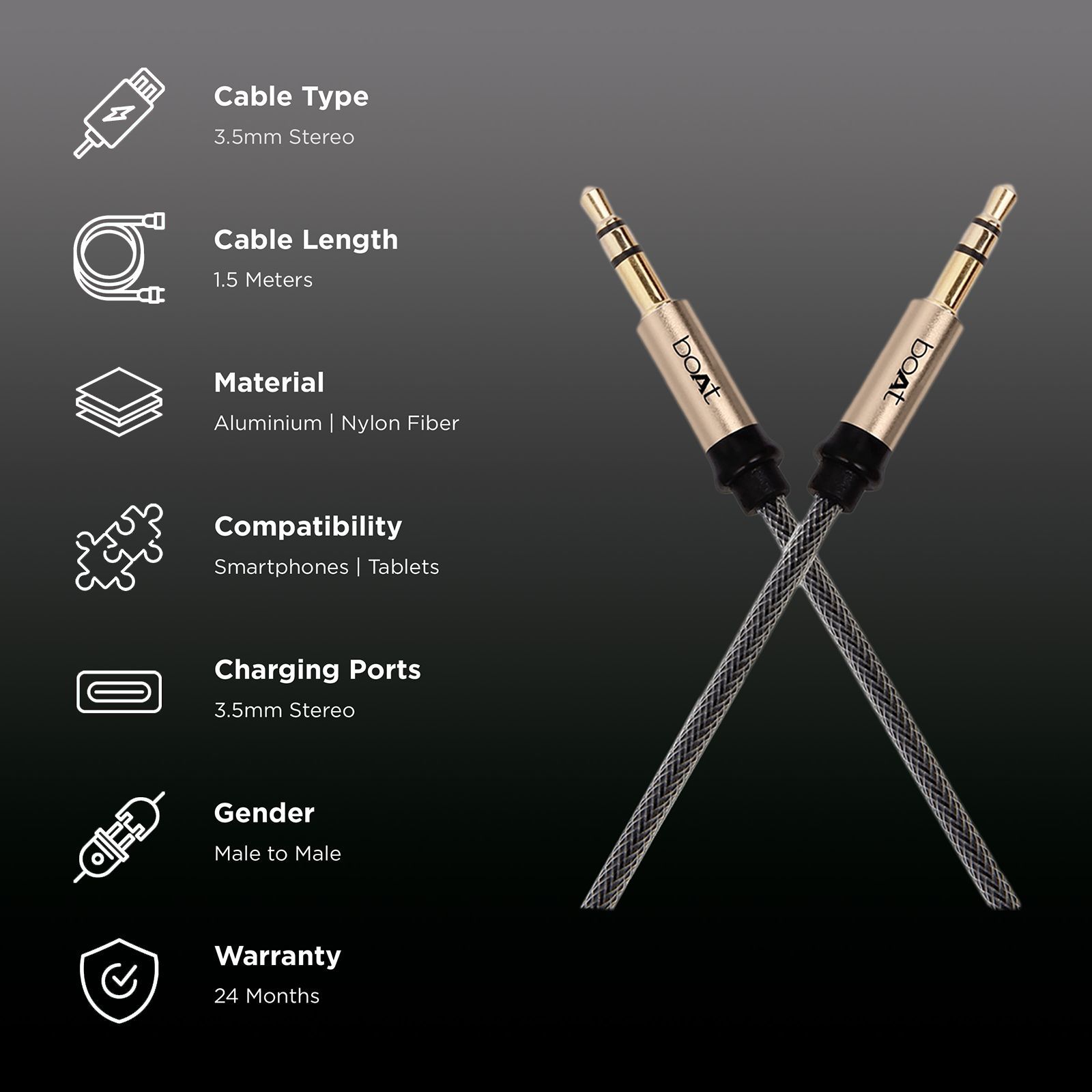 boAt Aux 500 3.5mm Aux to 3.5mm Aux 4.9 Feet (1.5M) Cable (Dual Shielding, Gold)_2