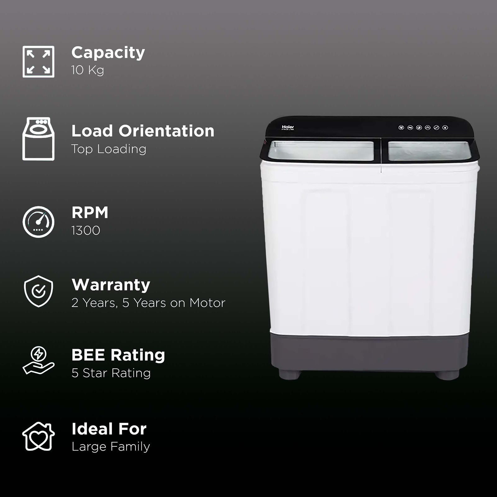 Haier 10 kg 5 Star Semi Automatic Washing Machine with 4D Magic Filter (HTW100-178BK, Black)_2