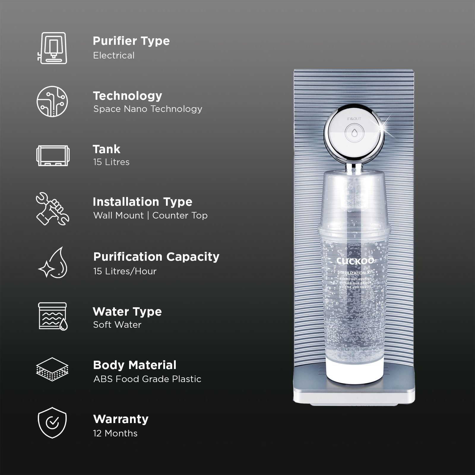 Cuckoo Drink Pure Gravity Electrical Water Purifier (Advanced Nano Filtration, CP-MN011B/PICKIN, Silver) Cuckoo Drink Pure Gravity Electrical Water Purifier (Advanced Nano Filtration, CP-MN011B/PICKIN, Silver)_3