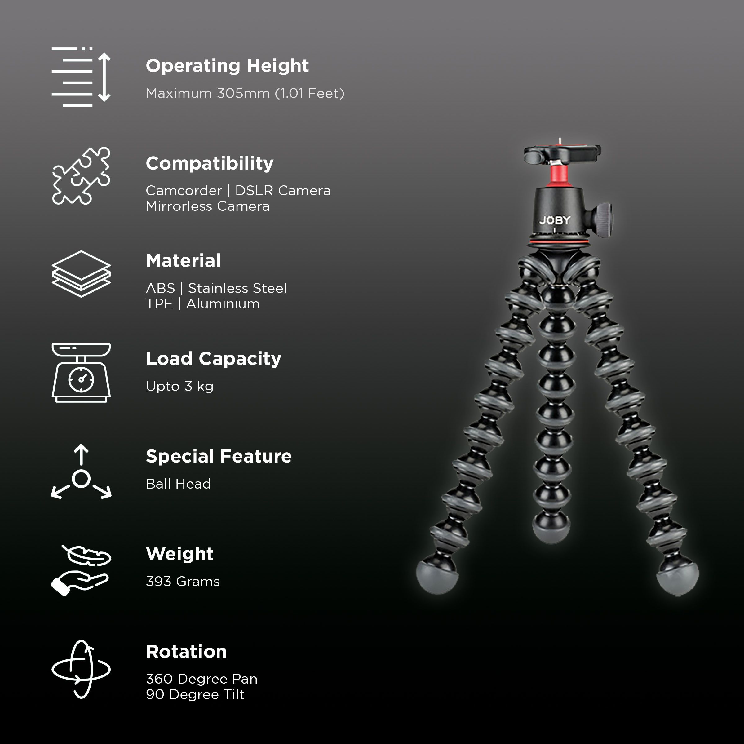 JOBY JB01507-BWW 30.5cm Adjustable Tripod for Camera (Ball Head, Black) JOBY JB01507-BWW 30.5cm Adjustable Tripod for Camera (Ball Head, Black)_2