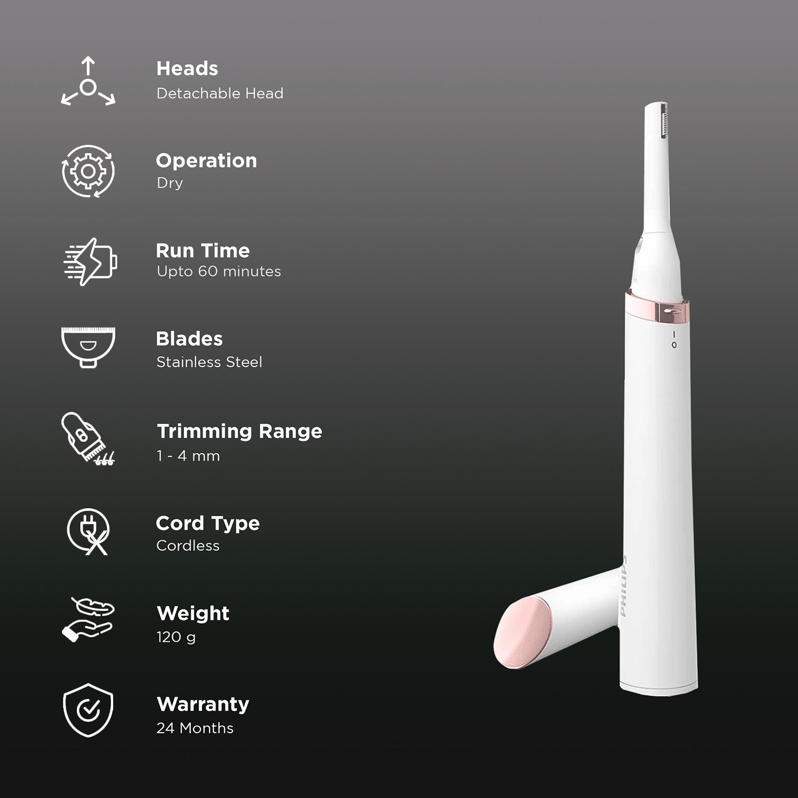 PHILIPS Touch-up Cordless Dry Trimmer for Eyebrow & Facial Hair with 2 Length Settings for Women (60mins Runtime, Precise Face Attachment, Ceramic Pearl White)_2