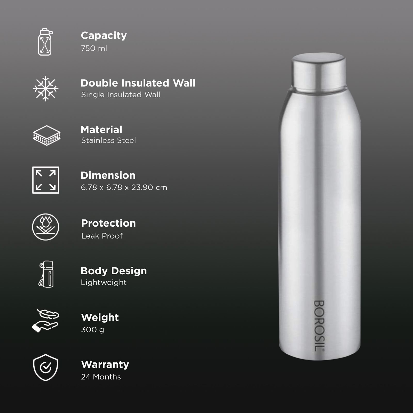 BOROSIL Easy Sip Water Bottle for Fridge (Leak Proof, BSW750SS11, Steel)_3
