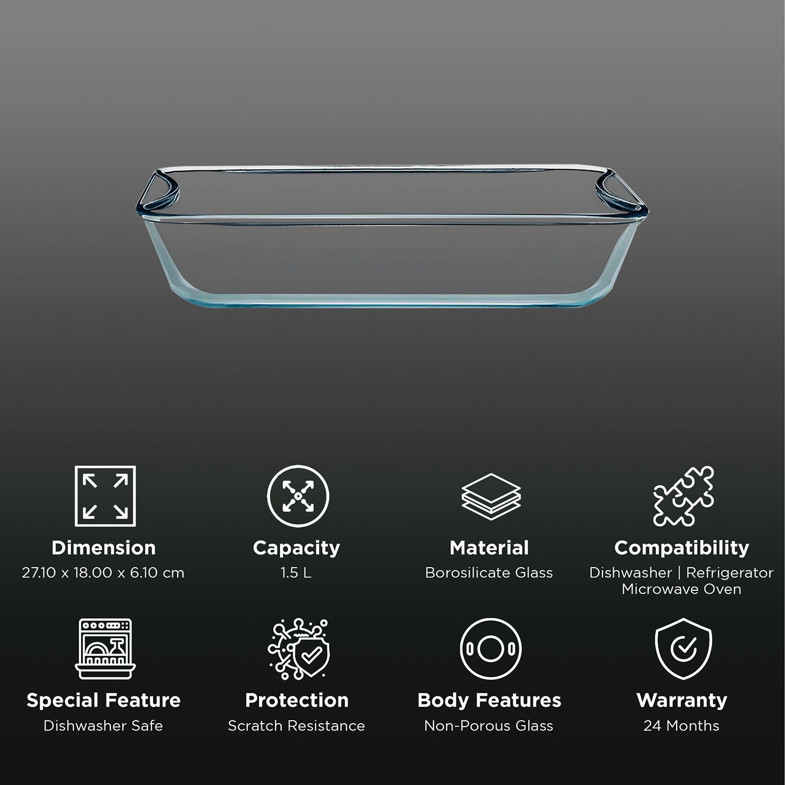 BOROSIL EasyGrip 1.5L Glass Rectangular Dish (Scratch Resistant, Transparent)_2