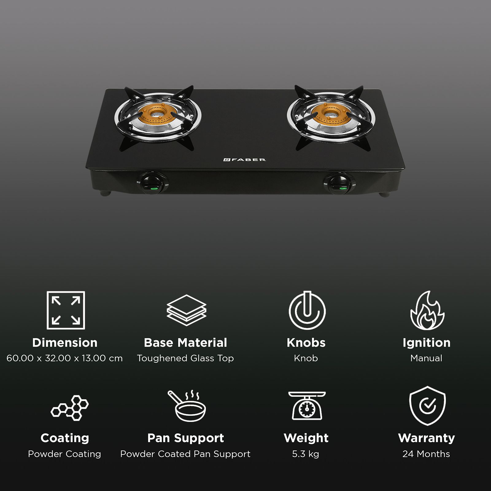 FABER Power Toughened Glass Top 2 Burner Manual Gas Stove (Powder Coated Round Pan Support, Black) FABER Power Toughened Glass Top 2 Burner Manual Gas Stove (Powder Coated Round Pan Support, Black)_3