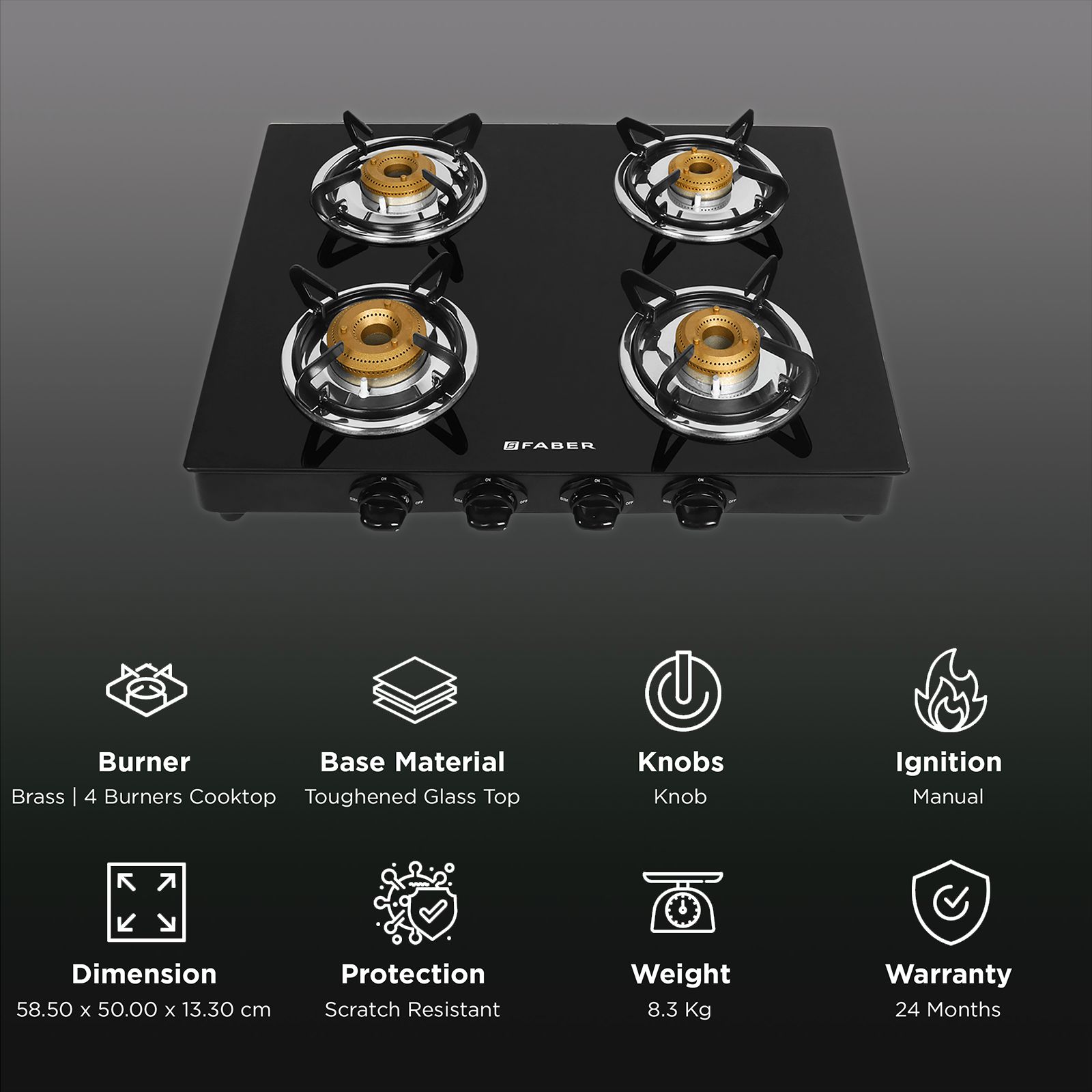Faber Power 4BB BK Toughened Glass Top 4 Burner Manual Gas Stove (Powder Coating Round Pan Support, Black)_3
