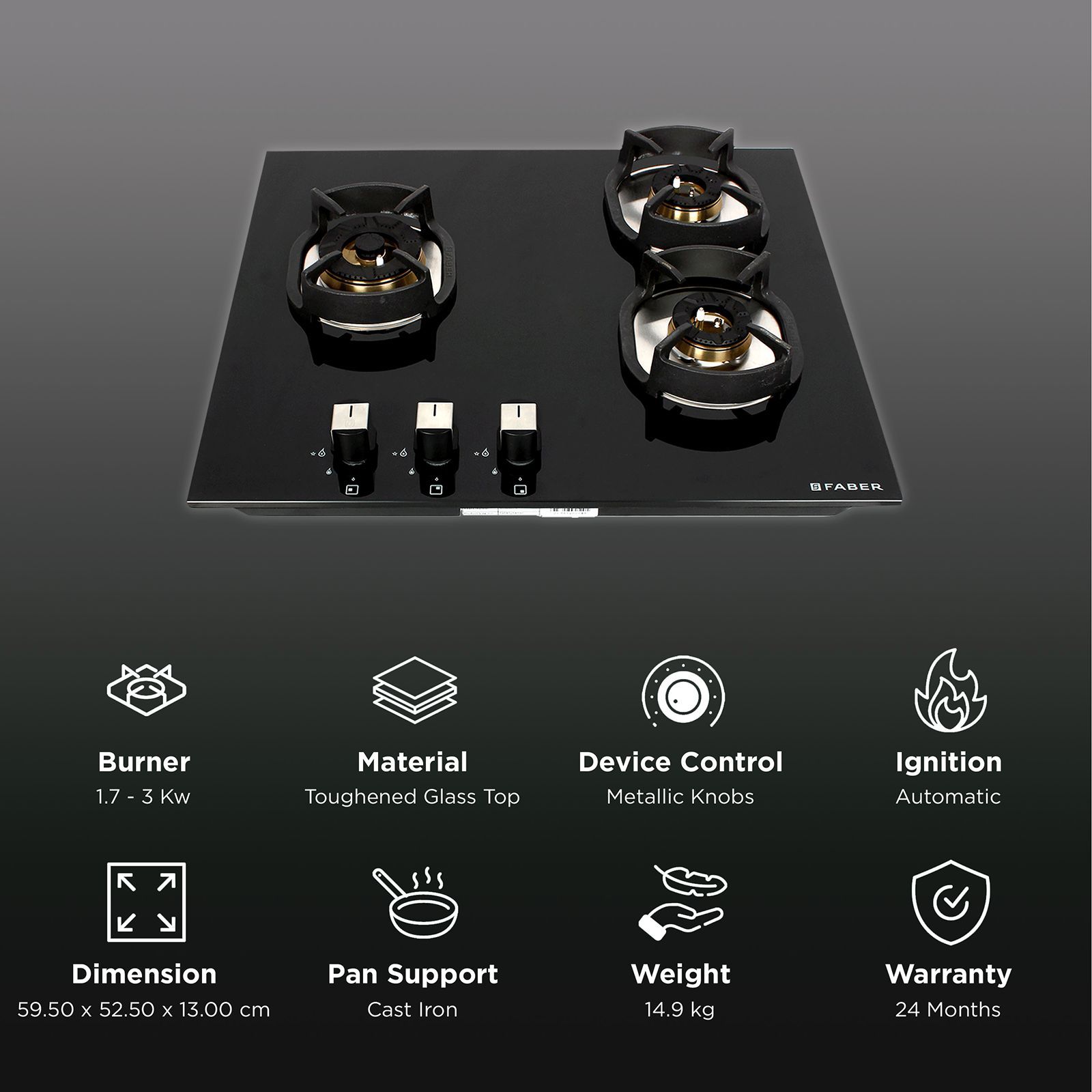 Faber Nexus IND HT603 CRS BR CI AI Toughened Glass Top 3 Burner Automatic Hob (Heavy Duty Pan Support, Black)_3