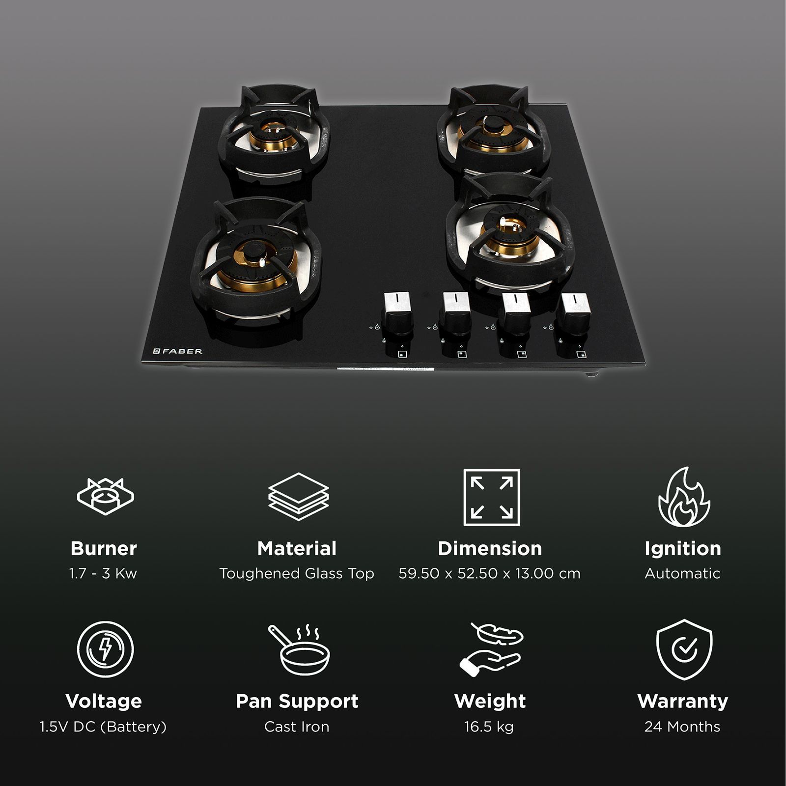 Faber Nexus IND HT604 CRS BR CI AI Toughened Glass Top 4 Burner Automatic Hob (Heavy Duty Pan Support, Black) Faber Nexus IND HT604 CRS BR CI AI Toughened Glass Top 4 Burner Automatic Hob (Heavy Duty Pan Support, Black)_3