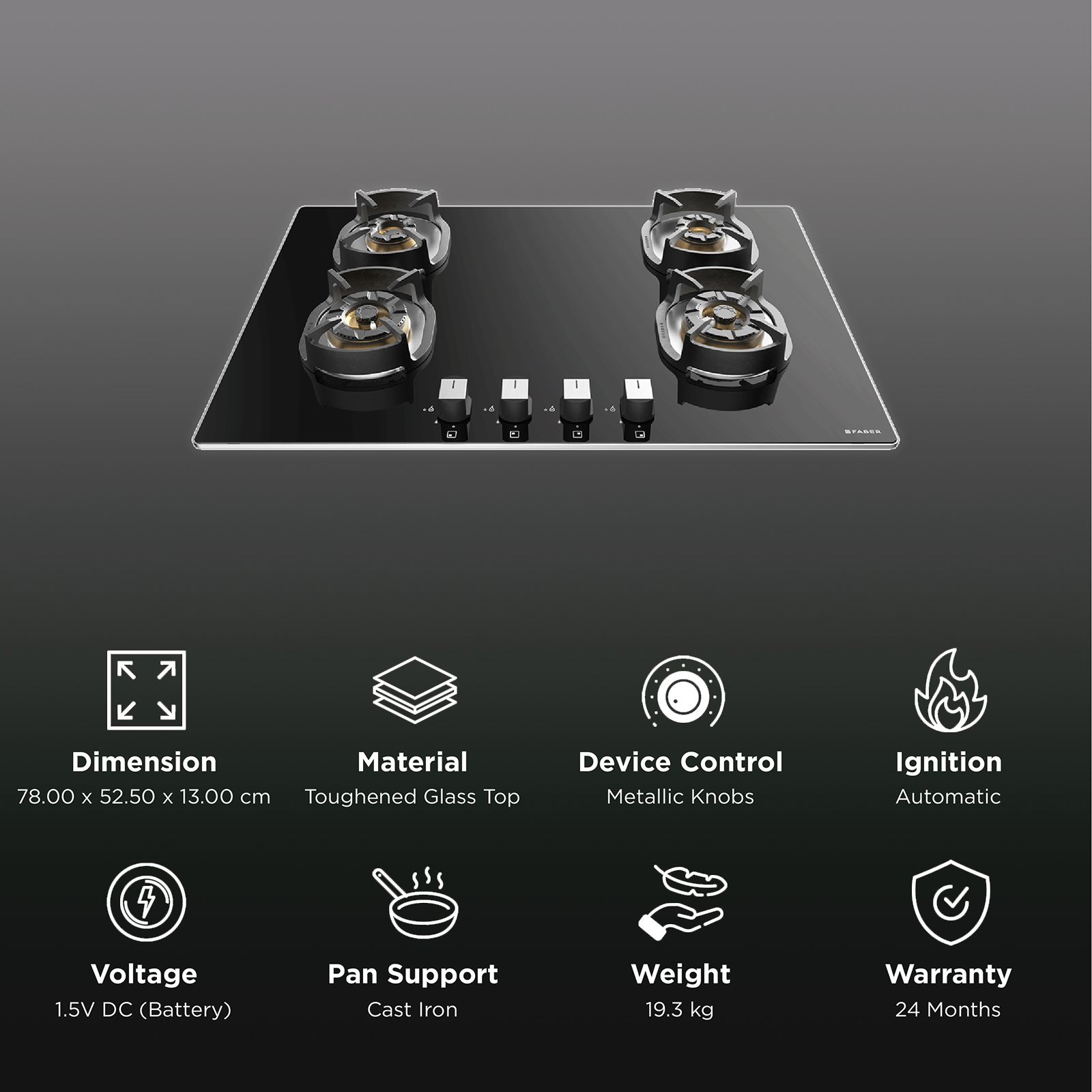 Faber Nexus IND HT784 CRS BR CI AI Toughened Glass Top 4 Burner Automatic Hob (Heavy Duty Pan Support, Black) Faber Nexus IND HT784 CRS BR CI AI Toughened Glass Top 4 Burner Automatic Hob (Heavy Duty Pan Support, Black)_3