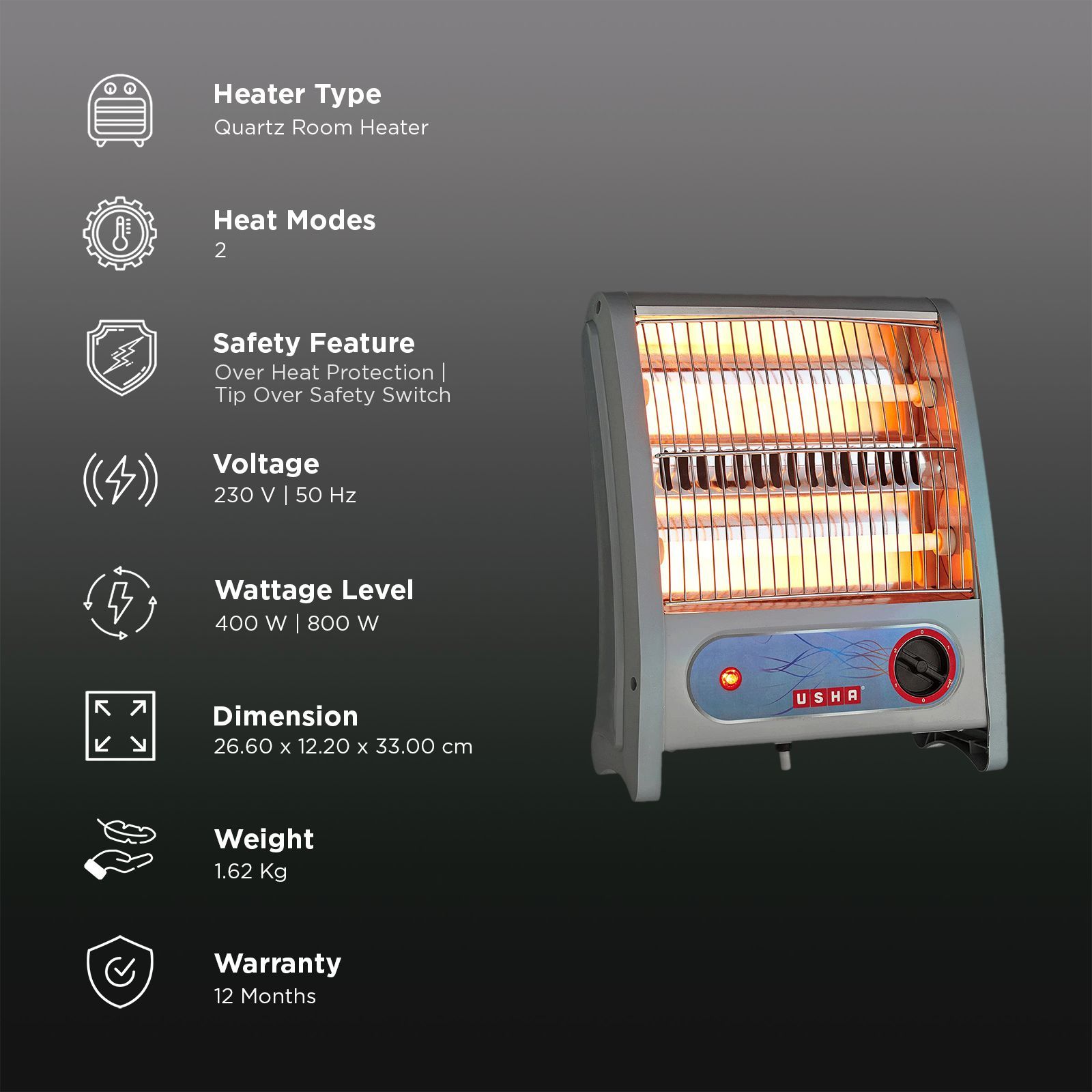 USHA QH 3002 800W Quartz Room Heater with Low Power consumption (Light Technology_3