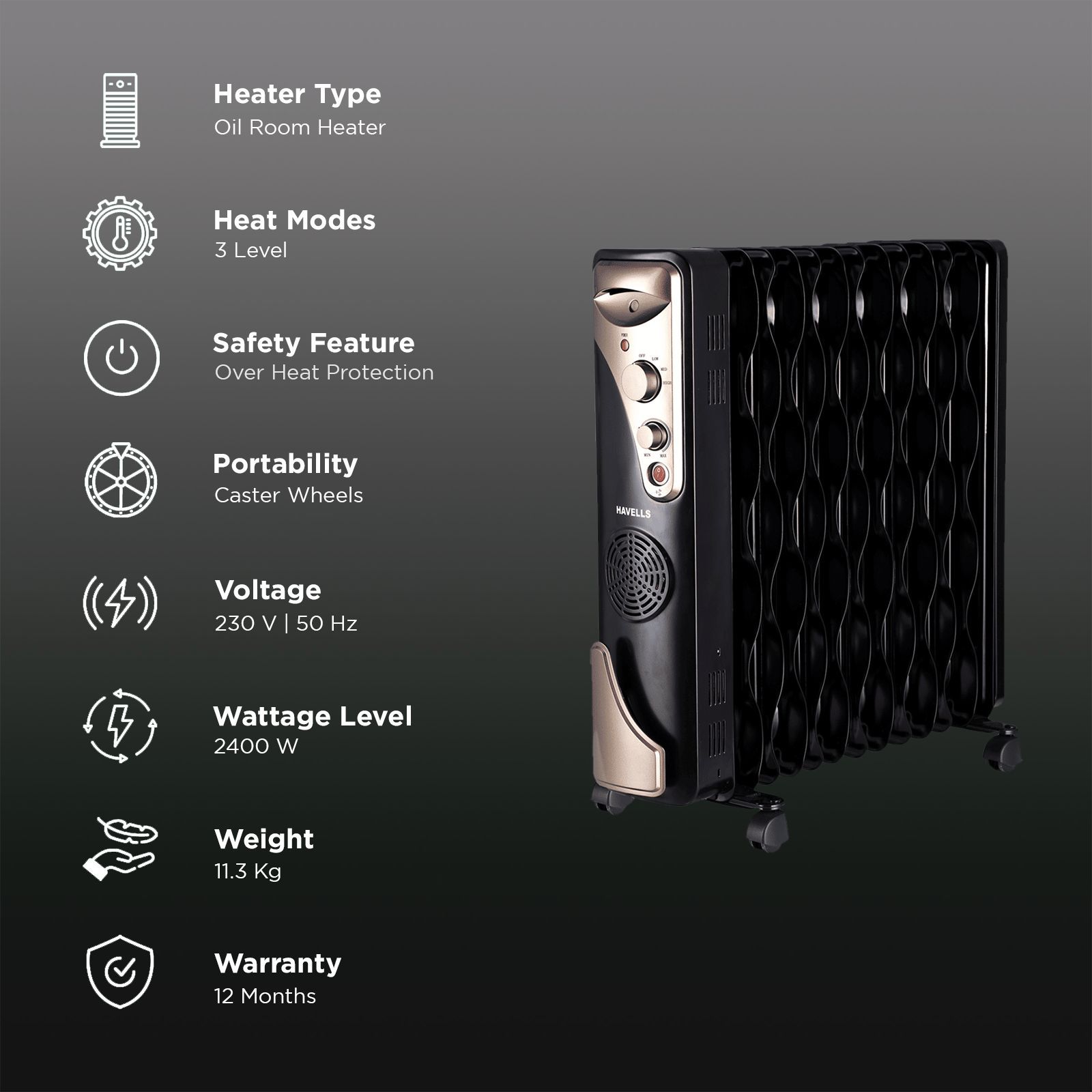 HAVELLS GHROFBFK290 2400W PTC Fan Oil Filled Room Heater with Thermostatic Heat Control (Enhanced Safety Features_3