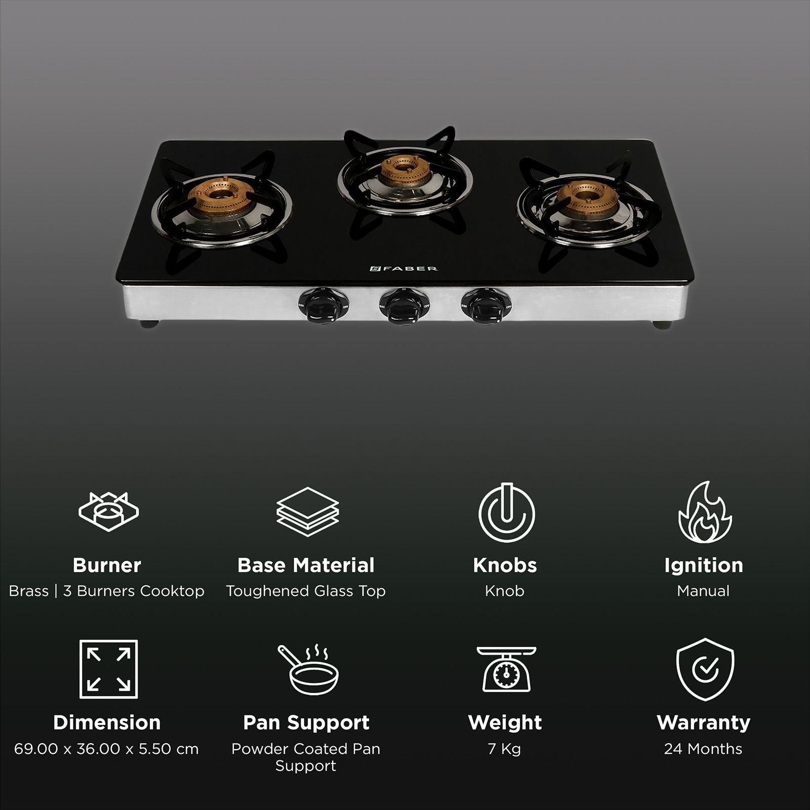 Faber Power 3BB SS Toughened Glass Top 3 Burner Manual Gas Stove (Anti Leak Technology, Black)_3