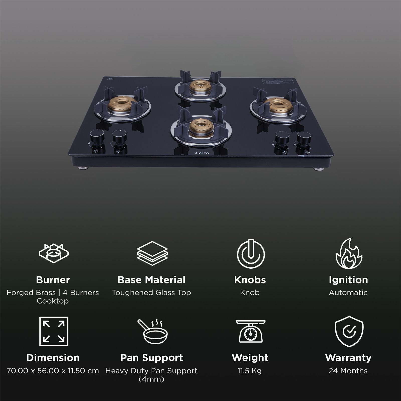 Elica 694 CT VETRO 2J (TKN CROWN DT SERIES) Toughened Glass Top 4 Burner Automatic Gas Stove (Ultra Slim Frame, Black)_3