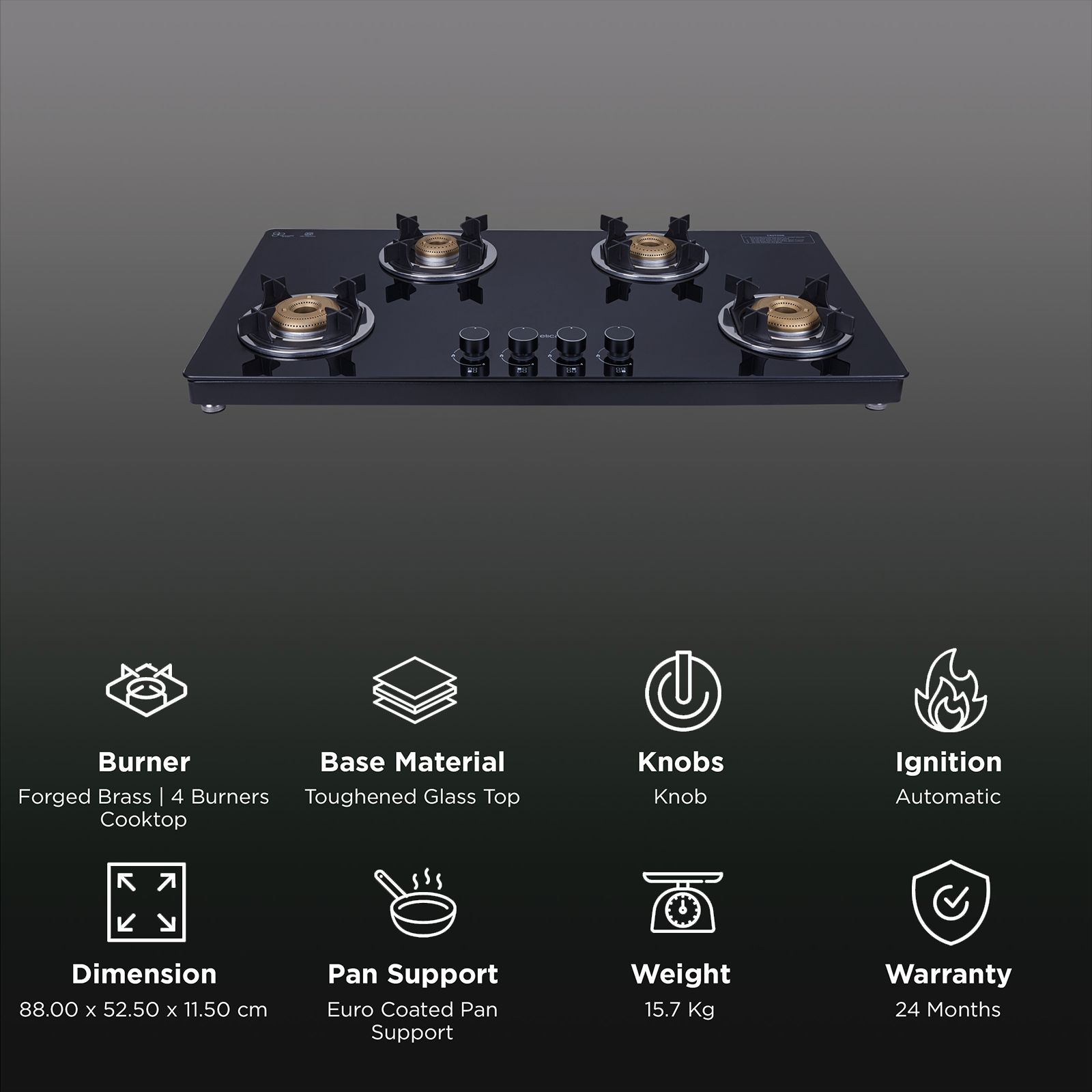 Elica 904 CT VETRO 2J (TKN CROWN DT SERIES) Toughened Glass Top 4 Burner Automatic Gas Stove (Ultra Slim Frame, Black) Elica 904 CT VETRO 2J (TKN CROWN DT SERIES) Toughened Glass Top 4 Burner Automatic Gas Stove (Ultra Slim Frame, Black)_3