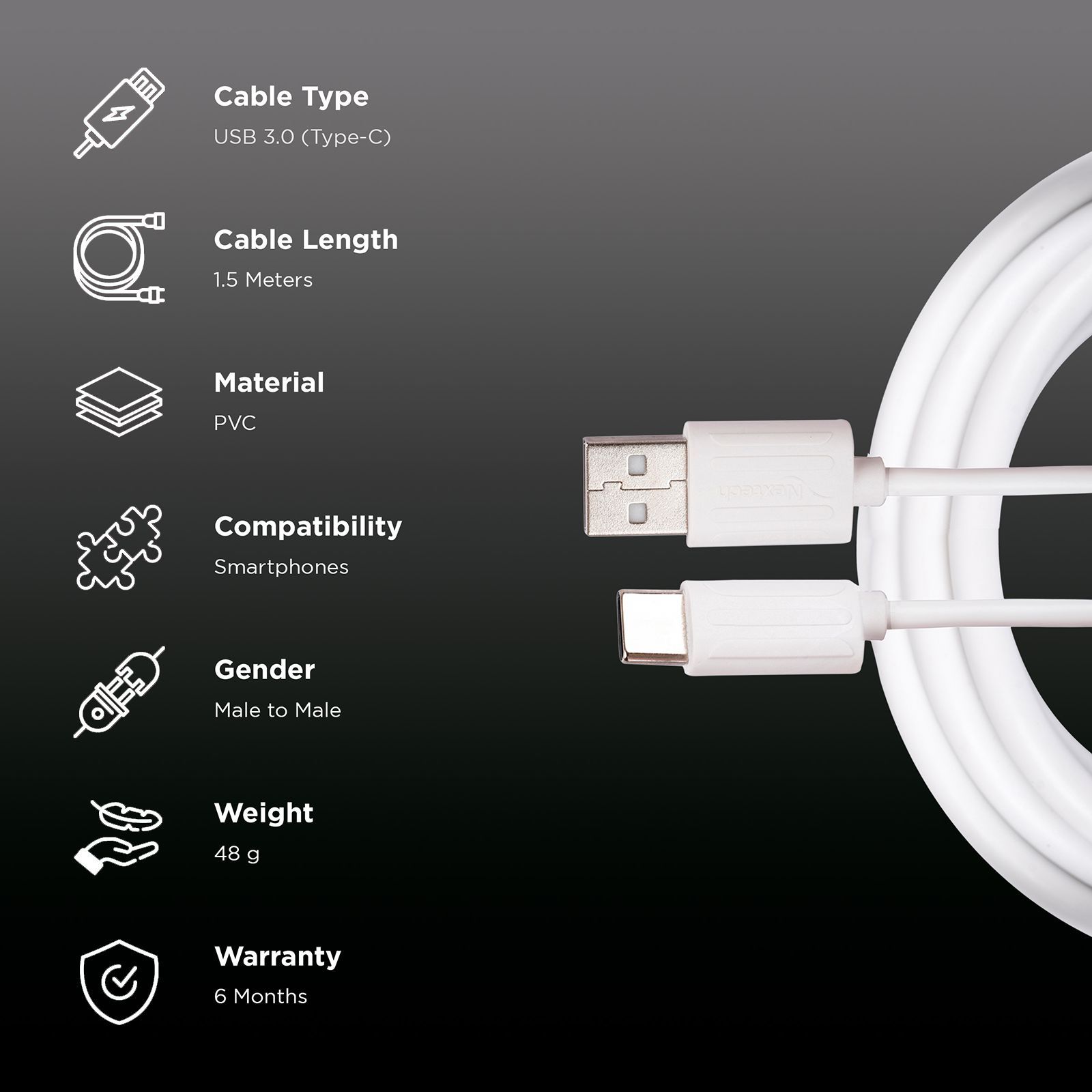 Nextech NC68 USB to Type C 4.9 Feet (1.5M) Cable (Tangle Free, White)_2