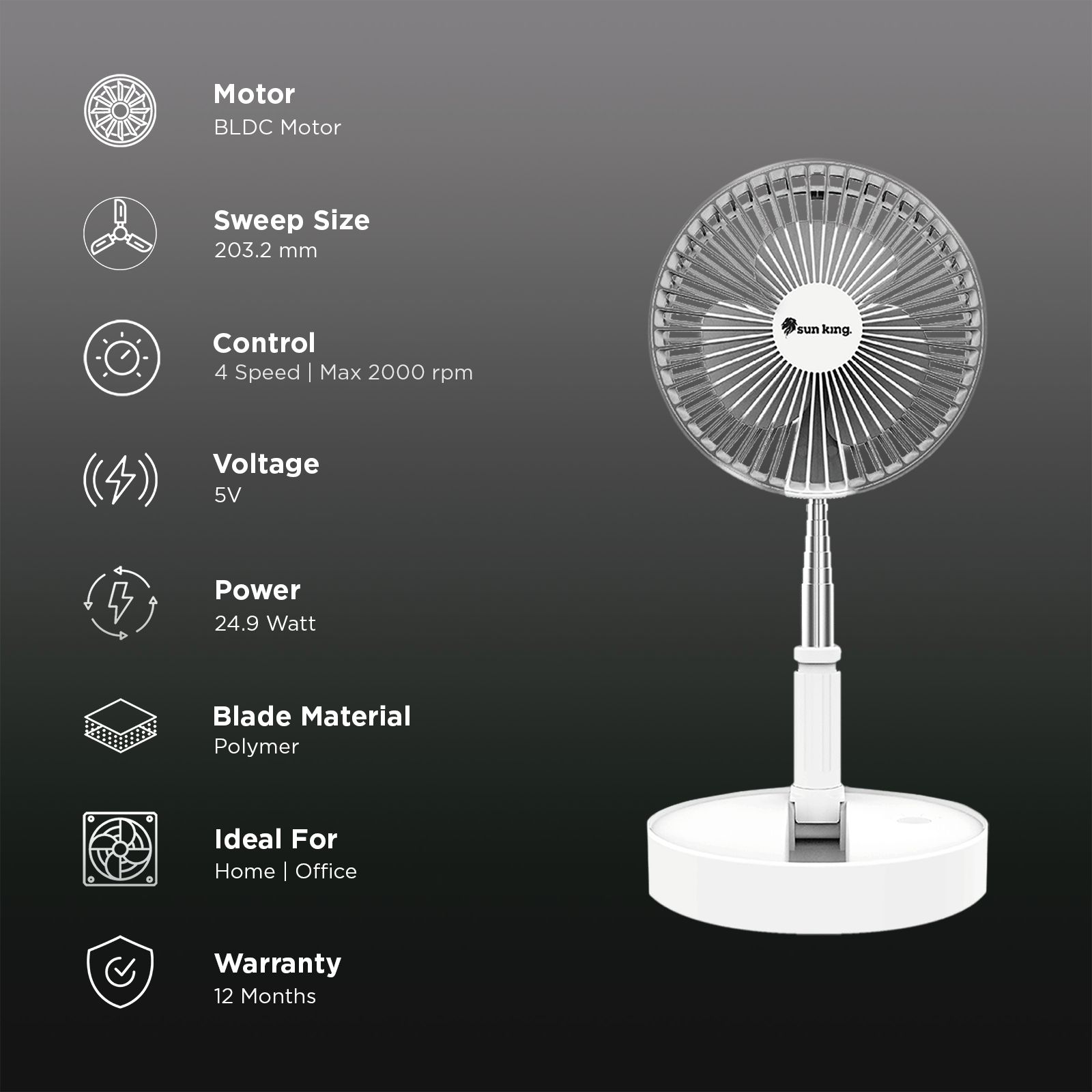 sun king 203.2mm 3 Blade Rechargeable Pedestal Fan with 7650 mAh Battery (BLDC Motor, White) sun king 203.2mm 3 Blade Rechargeable Pedestal Fan with 7650 mAh Battery (BLDC Motor, White)_2