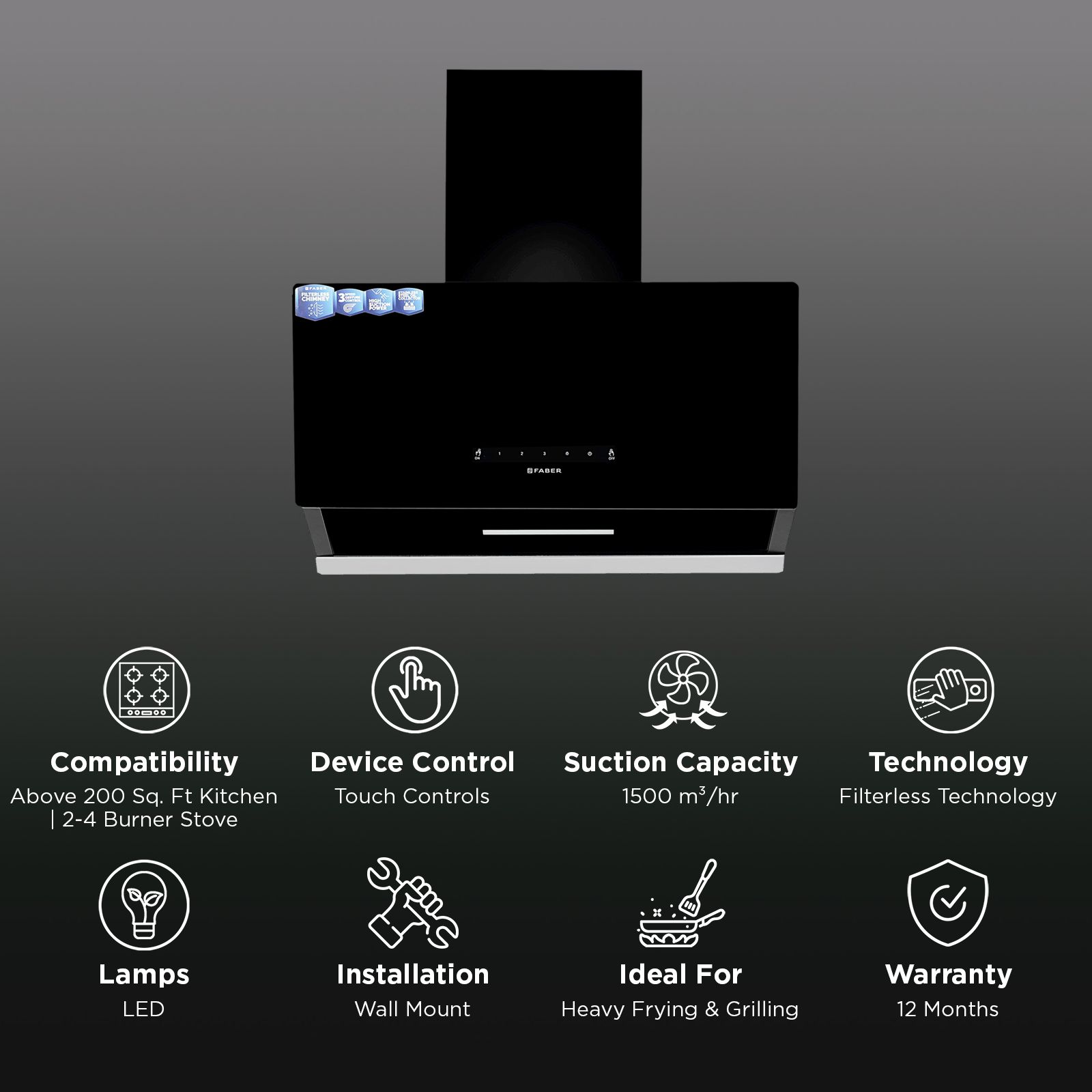 FABER Vertex Plus FL TC HC 60cm 1500m3/hr Ducted Auto Clean Wall Mounted Chimney with Motion Sensor (Black)_3