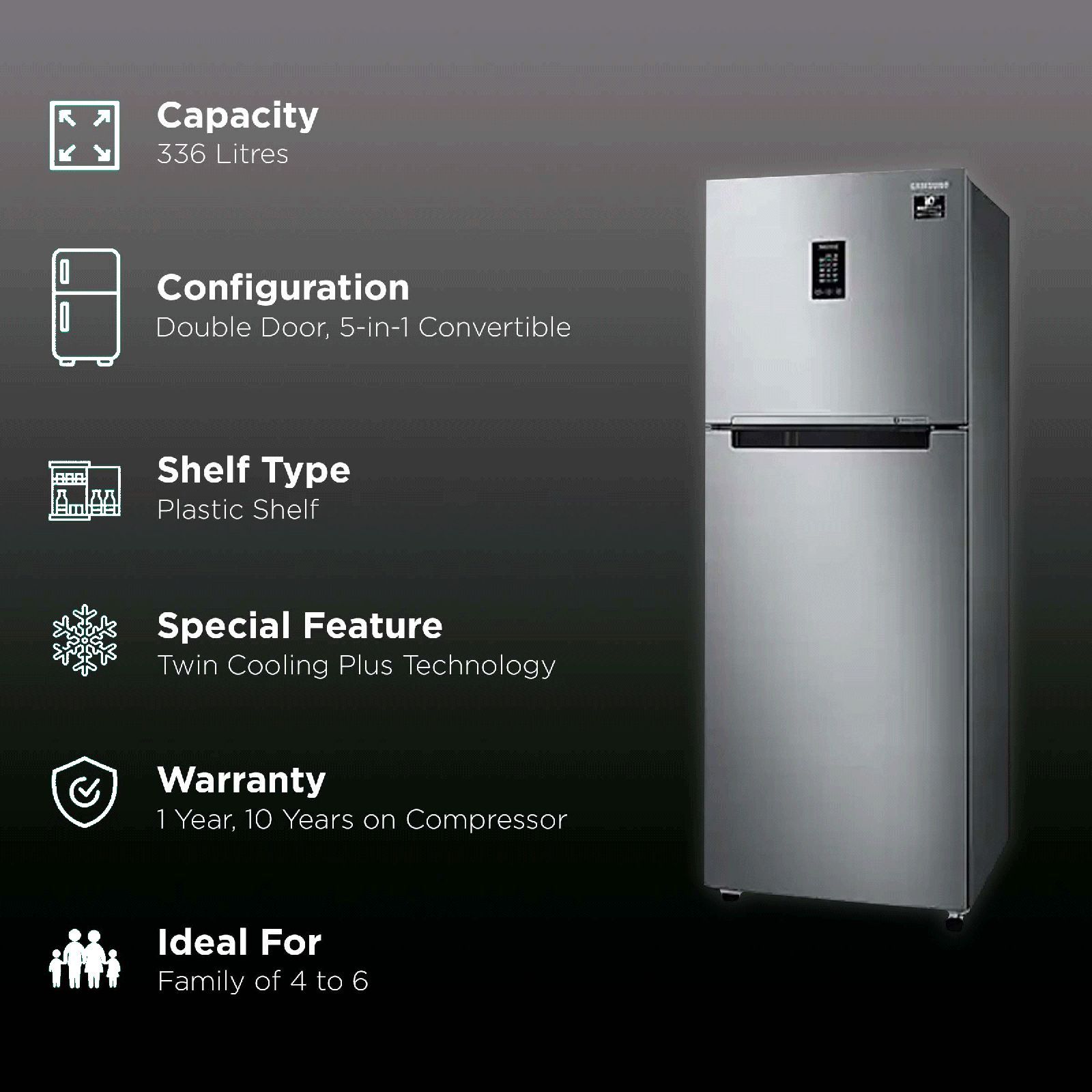 SAMSUNG 336 Litres 3 Star Frost Free Double Door Convertible Refrigerator with Curd Maestro (RT37T4632SL/HL, Elegant Inox) SAMSUNG 336 Litres 3 Star Frost Free Double Door Convertible Refrigerator with Curd Maestro (RT37T4632SL/HL, Elegant Inox)_2