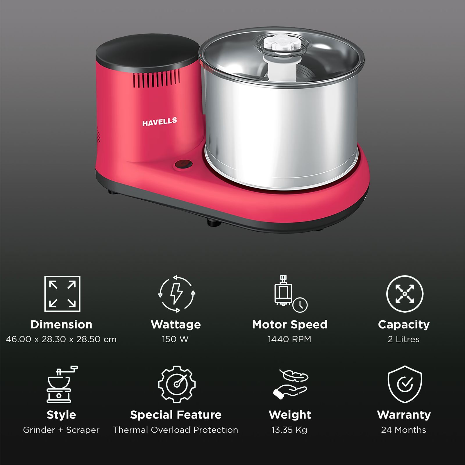 HAVELLS Alai 2 Litres 2 Stones Wet Grinder with Coconut Scrapper (Thermal Overload Protection, Pink)_2