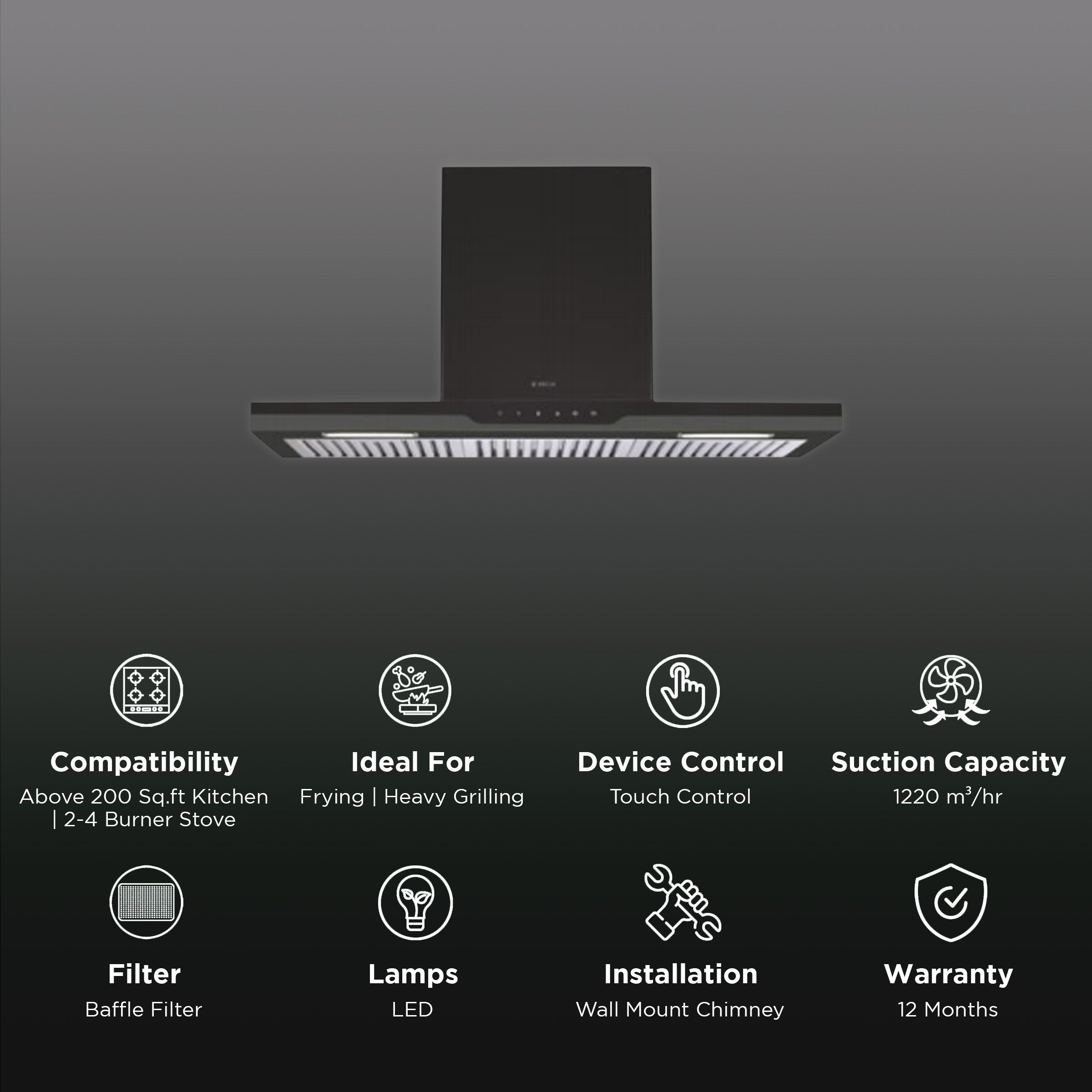 elica METEORITE ETB PLUS LTW 60 NERO T4V LED 60cm 1220m3/hr Ducted Wall Mounted Chimney with Touch Control Panel (Black) elica METEORITE ETB PLUS LTW 60 NERO T4V LED 60cm 1220m3/hr Ducted Wall Mounted Chimney with Touch Control Panel (Black)_3