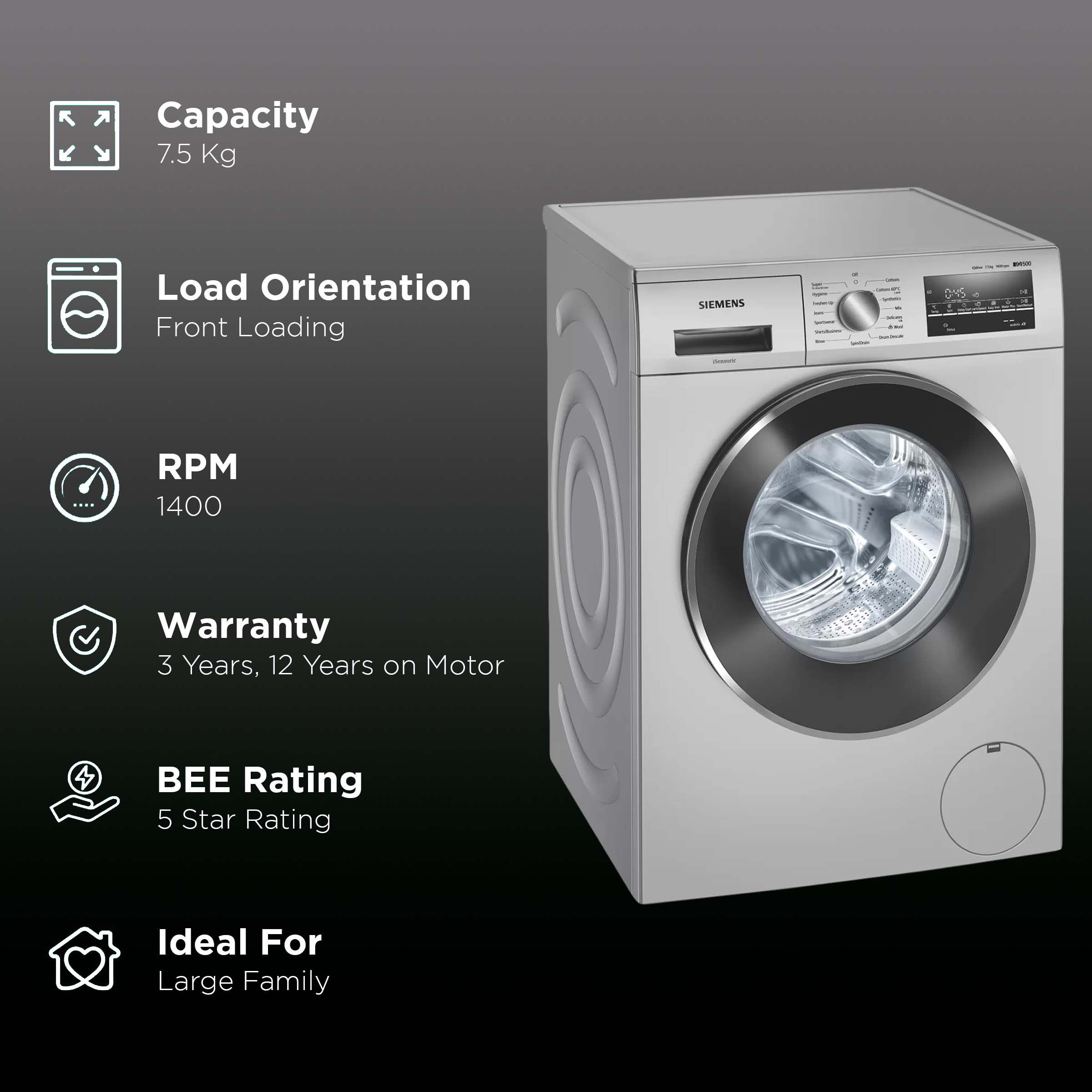 SIEMENS 7.5 kg 5 Star Fully Automatic Front Load Washing Machine (iQ500, WM14J46IIN, Wave Drum, Silver) SIEMENS 7.5 kg 5 Star Fully Automatic Front Load Washing Machine (iQ500, WM14J46IIN, Wave Drum, Silver)_2