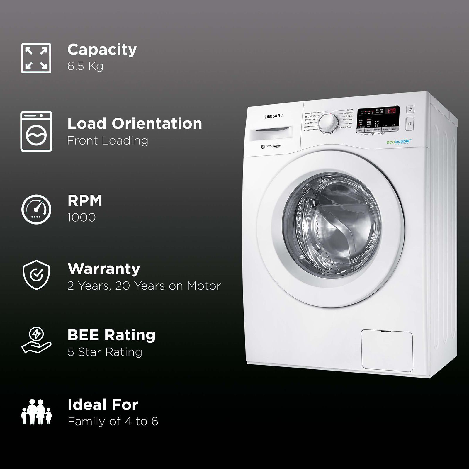 SAMSUNG 6.5 kg 5 Star Inverter Fully Automatic Front Load Washing Machine (WW65R20EKMW/TL, Diamond Drum, DA White) SAMSUNG 6.5 kg 5 Star Inverter Fully Automatic Front Load Washing Machine (WW65R20EKMW/TL, Diamond Drum, DA White)_2
