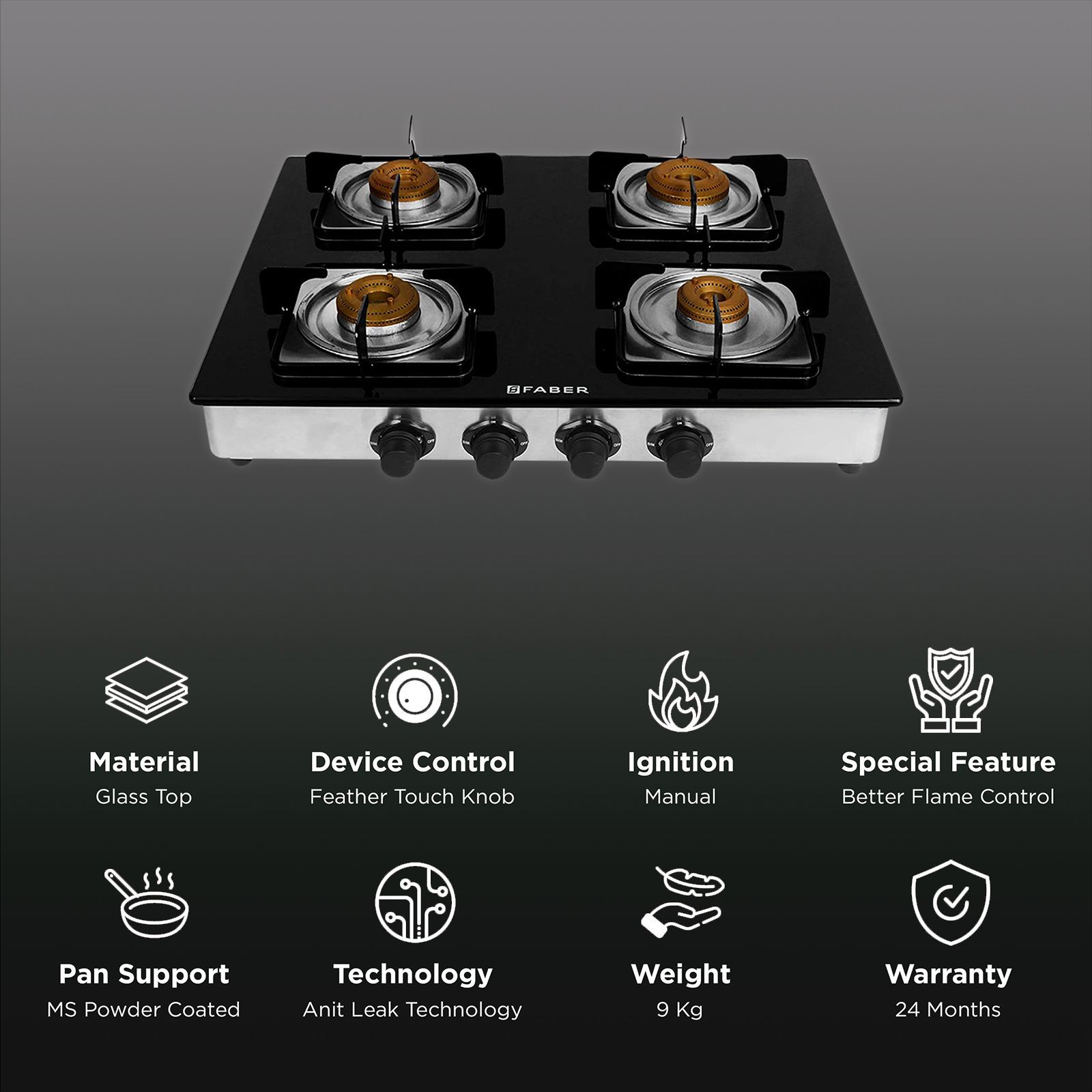 FABER Supreme Plus C Toughened Glass Top 4 Burner Manual Gas Stove (Anti Leak Technology, Black)_3