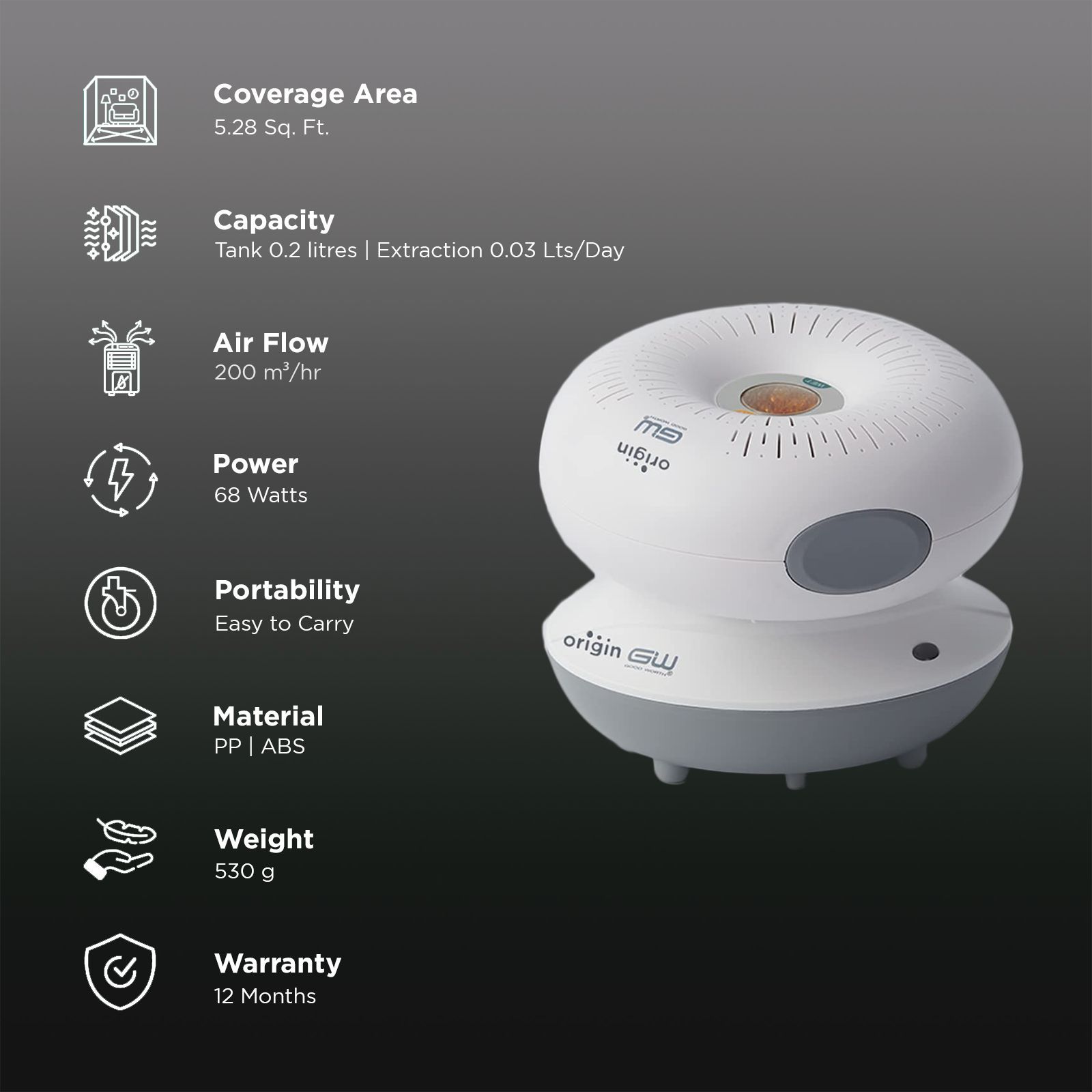 Origin OM1+ORB1 Wardrobe, Study, Food Storage Cabinet, Safe & Car Mini Dehumidifier with Recharging Base (Removes Excess Moisture & Musty Smell, White)_3