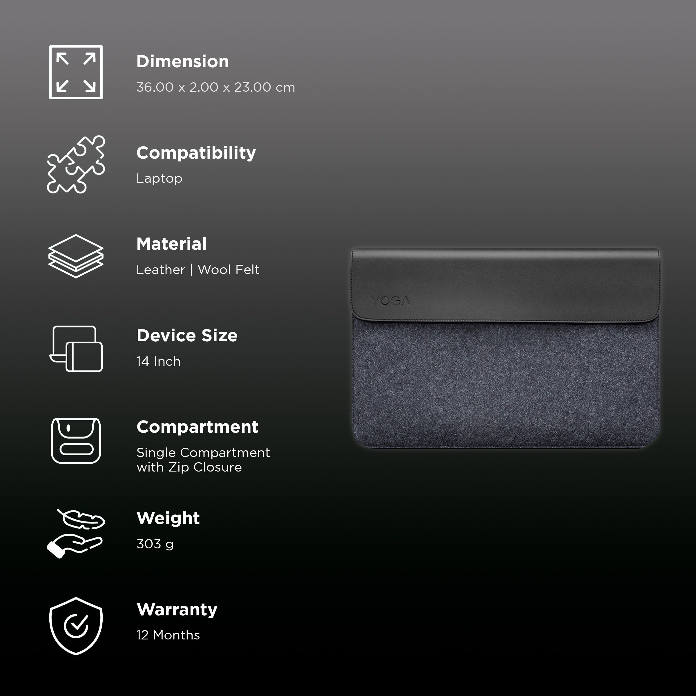 Lenovo Yoga Leather, Wool Felt Laptop Sleeve for 14 Inch Laptop (Dual Magnet Buckles, Black)_3