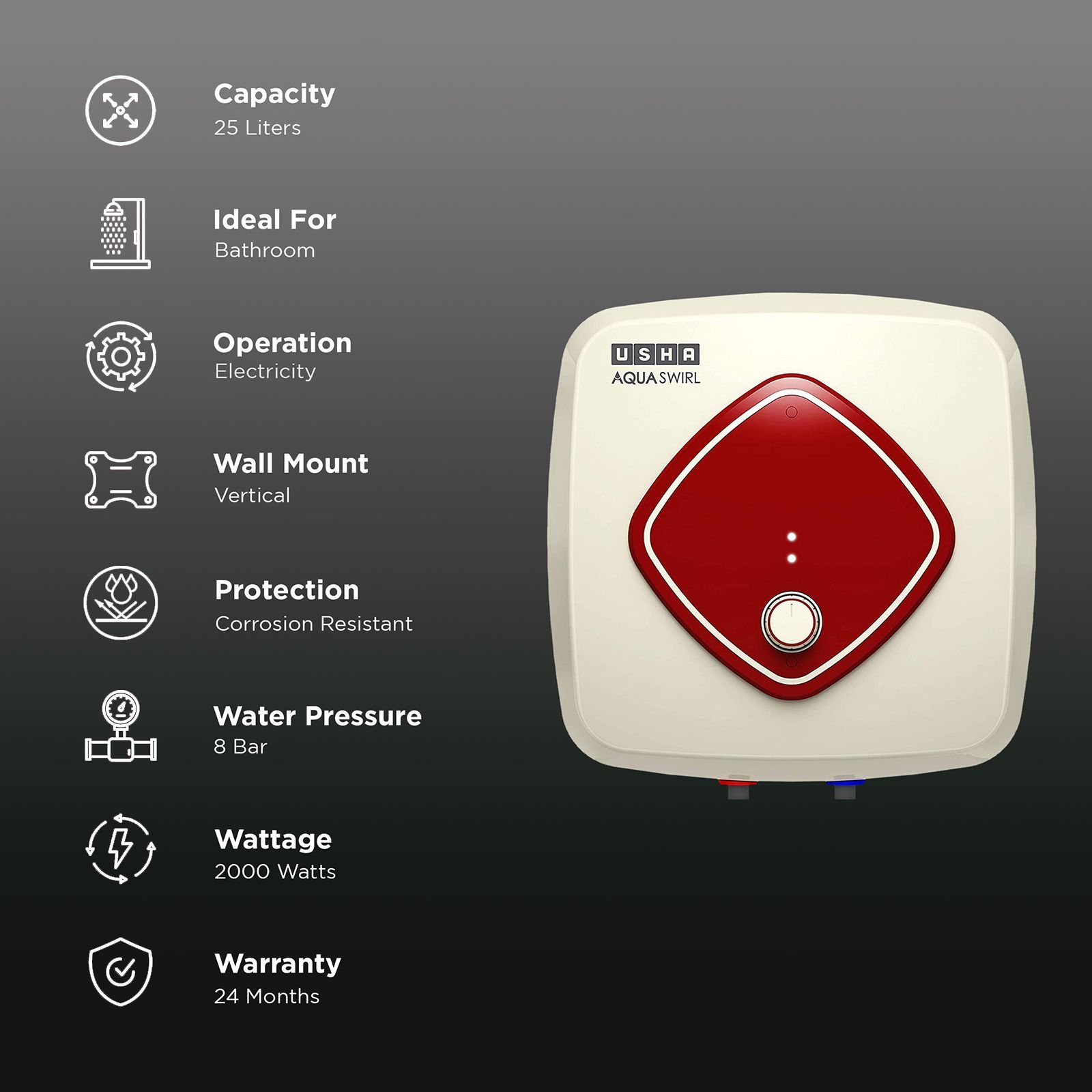 USHA Aqua Swirl 25 Litres 5 Star Vertical Storage Water Geyser with Copper Heating Element (Ivory Wine)_3