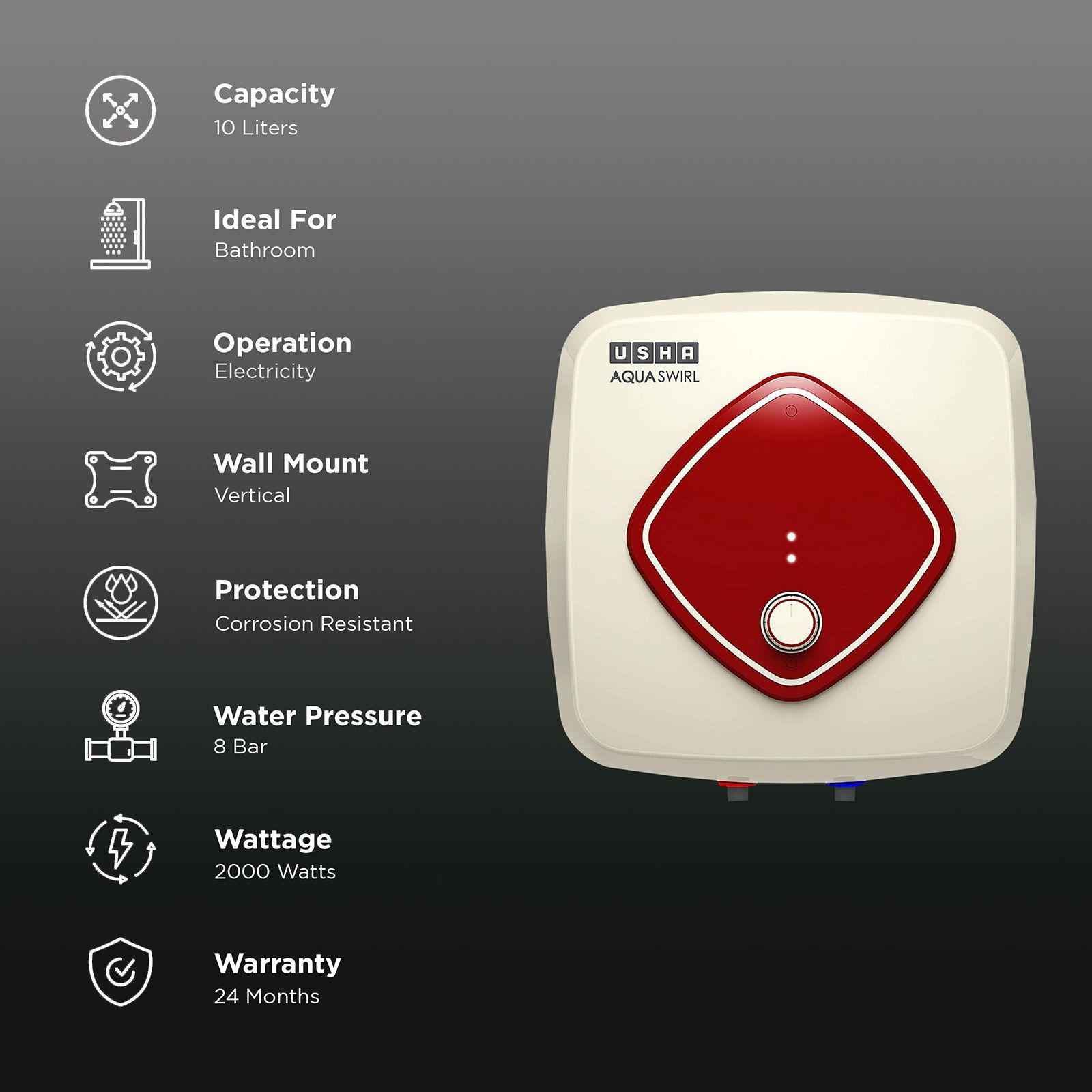 USHA Aqua Swirl 10 Litres 5 Star Vertical Storage Water Geyser with Copper Heating Element (Ivory Wine) USHA Aqua Swirl 10 Litres 5 Star Vertical Storage Water Geyser with Copper Heating Element (Ivory Wine)_3