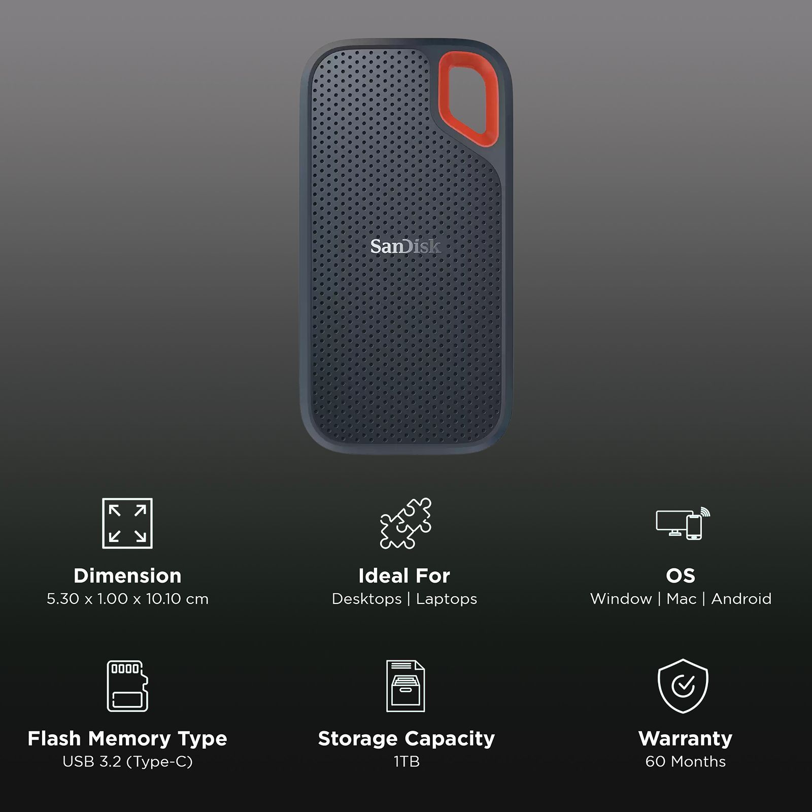 SanDisk Extreme 1TB USB Type-C (3.2) Portable Solid State Drive (IP65 Water and Dust Resistance, Black) SanDisk Extreme 1TB USB Type-C (3.2) Portable Solid State Drive (IP65 Water and Dust Resistance, Black)_3