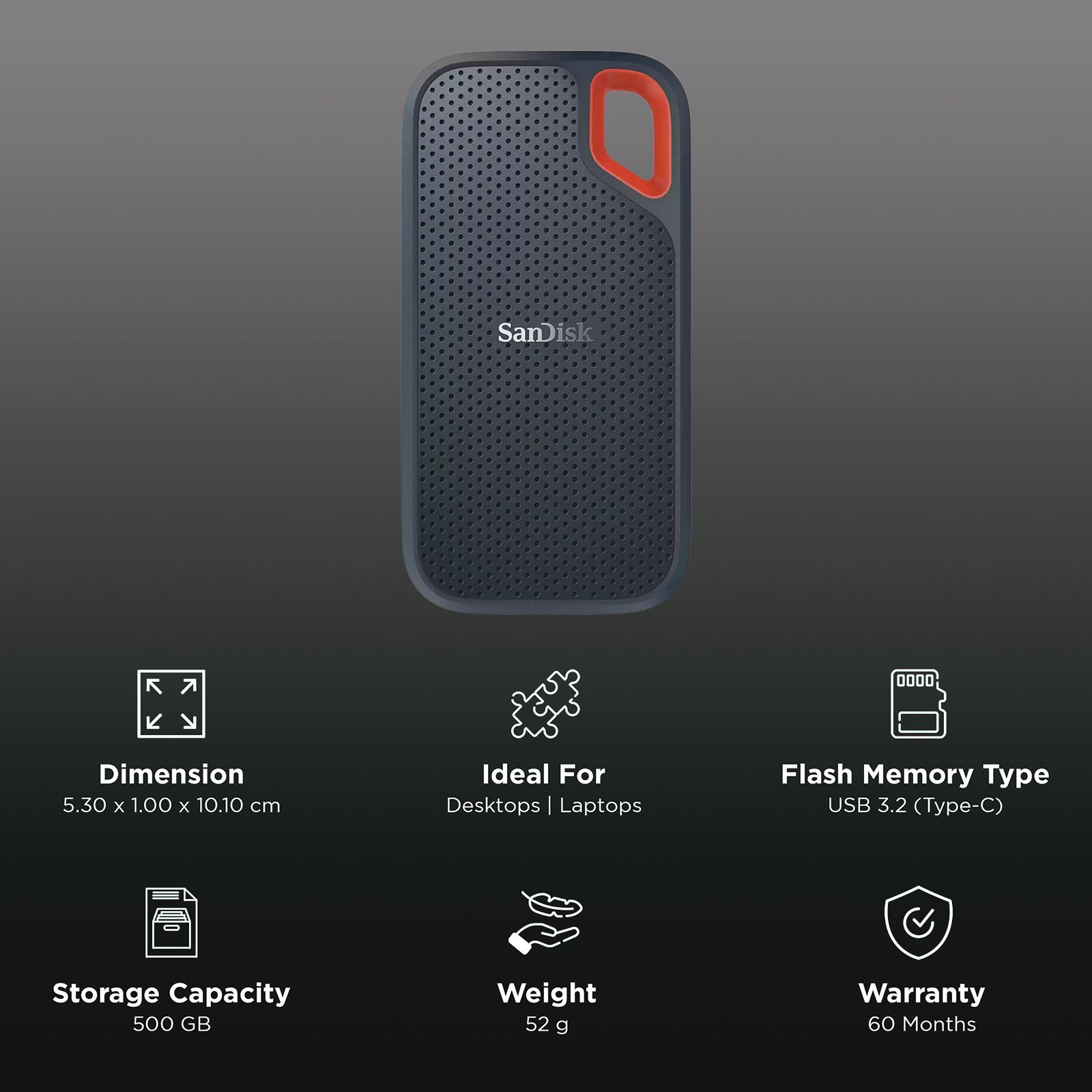 SanDisk Extreme 500GB USB Type-C (3.2) Portable Solid State Drive (IP65 Water and Dust Resistance, Black) SanDisk Extreme 500GB USB Type-C (3.2) Portable Solid State Drive (IP65 Water and Dust Resistance, Black)_3