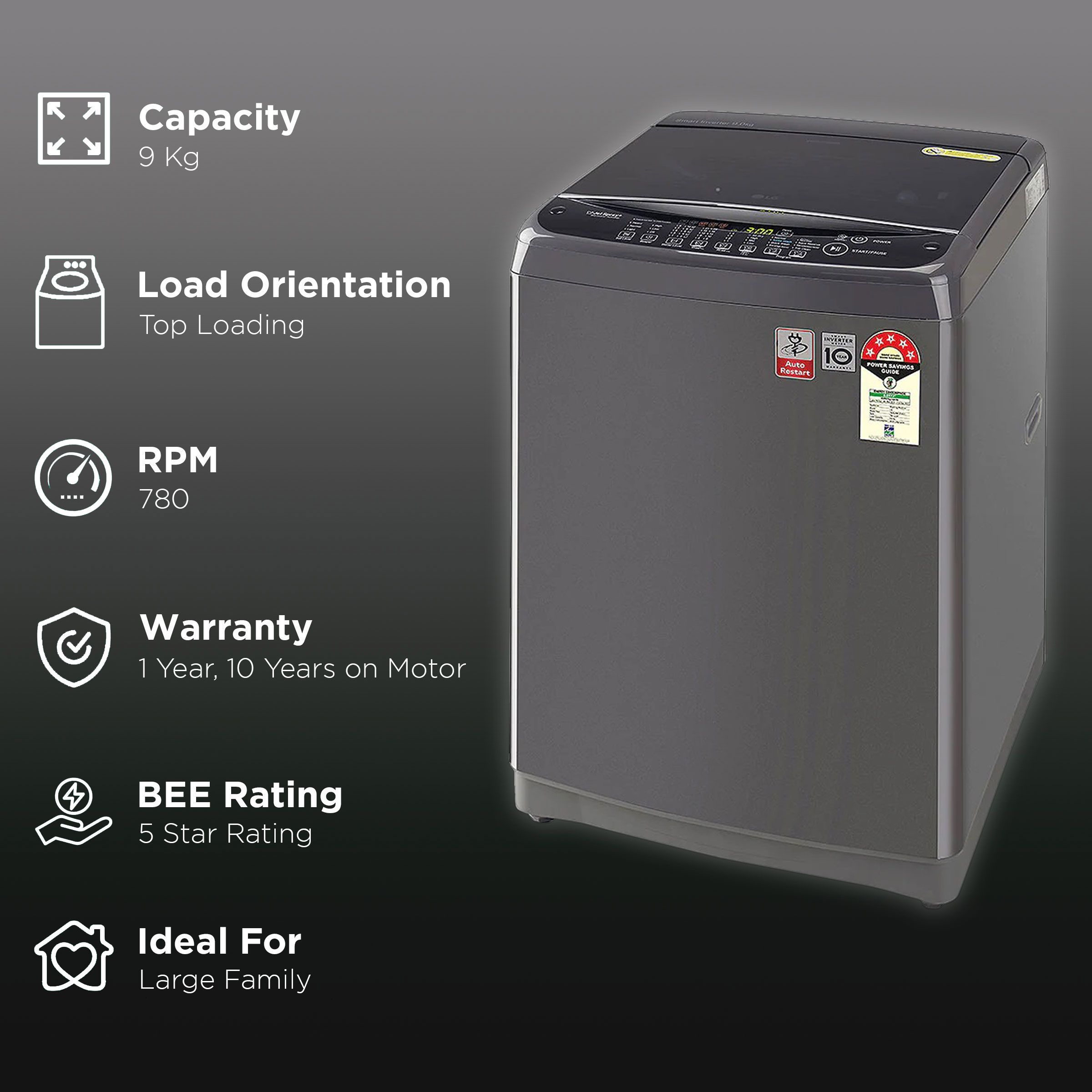 LG 9 kg 5 Star Inverter Fully Automatic Top Load Washing Machine (T90SJMB1Z.ABMQEIL, Smart Inverter Technology, Middle Black)_3