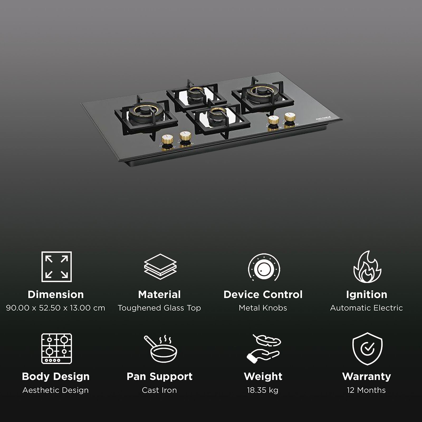 Kutchina Marica 4BS 90 DLX Toughened Glass Top 4 Burner Automatic Electric Hob (Aesthetic Designs, Black) Kutchina Marica 4BS 90 DLX Toughened Glass Top 4 Burner Automatic Electric Hob (Aesthetic Designs, Black)_3