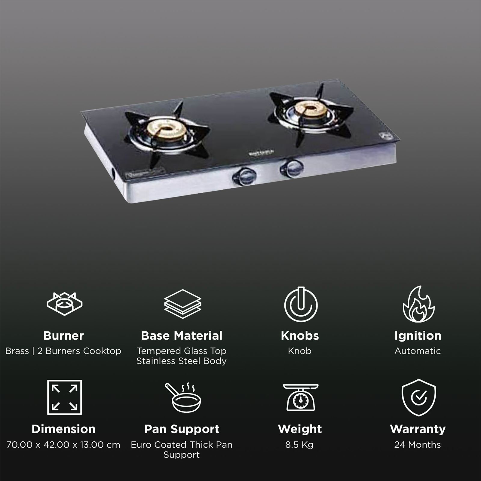 Kutchina Inferno Excel 2B Tempered Glass Top 2 Burner Automatic Gas Stove (Euro Coated Thick Pan Support, Black)_3