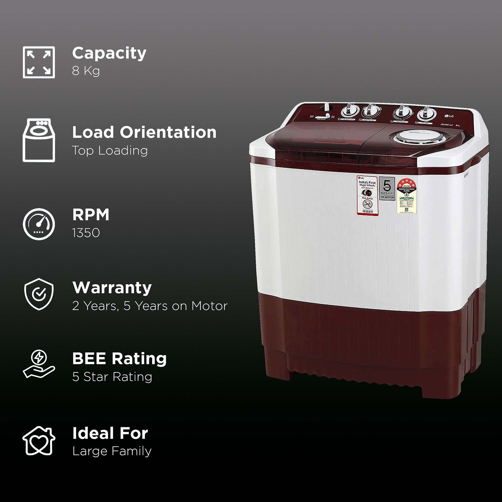 LG 8 kg 5 Star Semi Automatic Washing Machine with Lint Filter (P8035SRAZ.ABGQEIL, Burgundy)_2