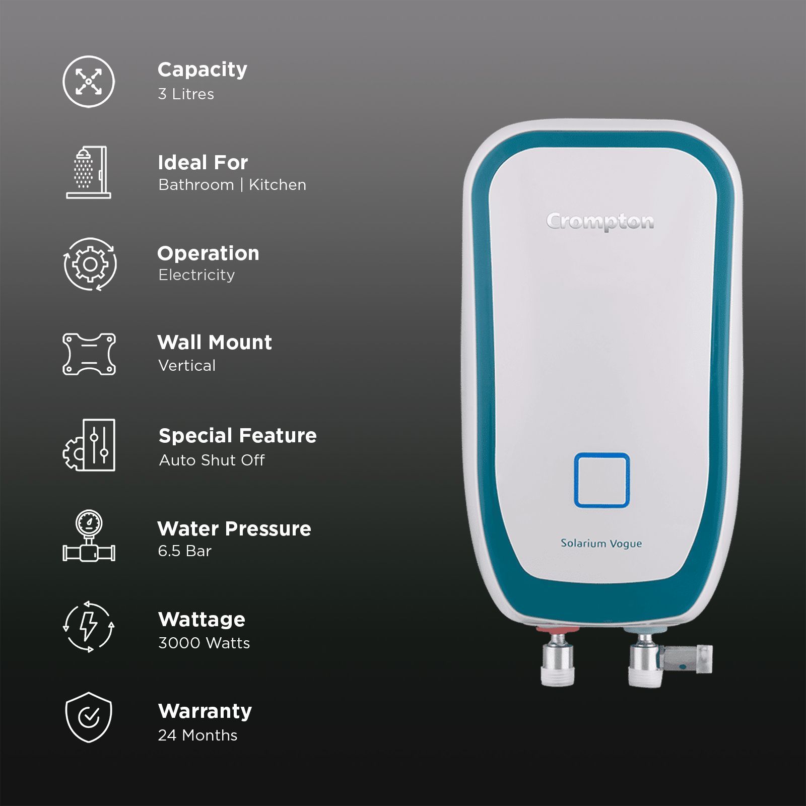 Crompton Solarium Vogue 3 Litre Vertical Instant Geyser with Rust Proof (White & Turquoise Blue) Crompton Solarium Vogue 3 Litre Vertical Instant Geyser with Rust Proof (White & Turquoise Blue)_3