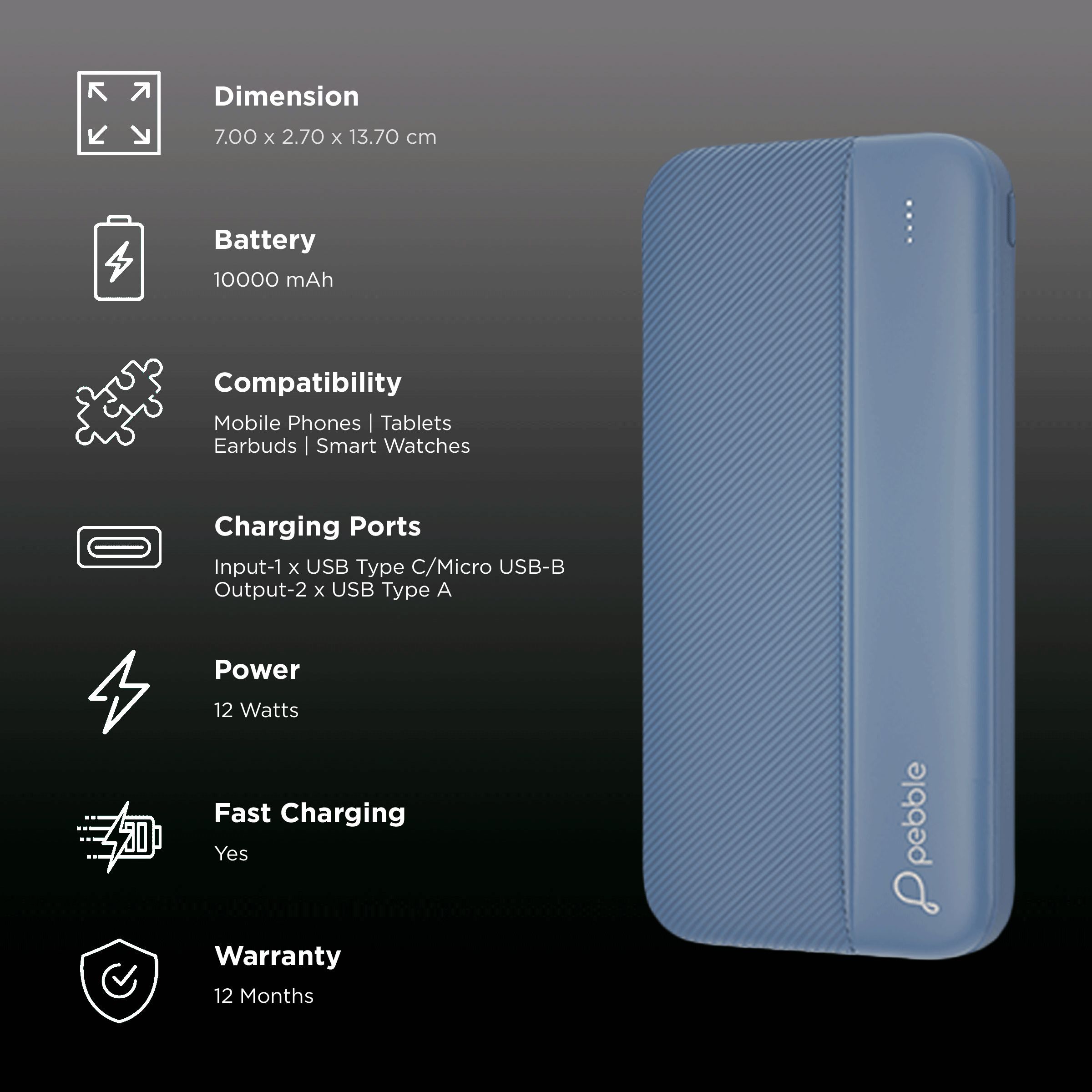 Pebble Volt Pro 10000 mAh Fast Charging Power Bank (1 Micro USB Type B, 1 Type C & 2 Type A Ports, Universal Compatibility, Aqua Blue)_3