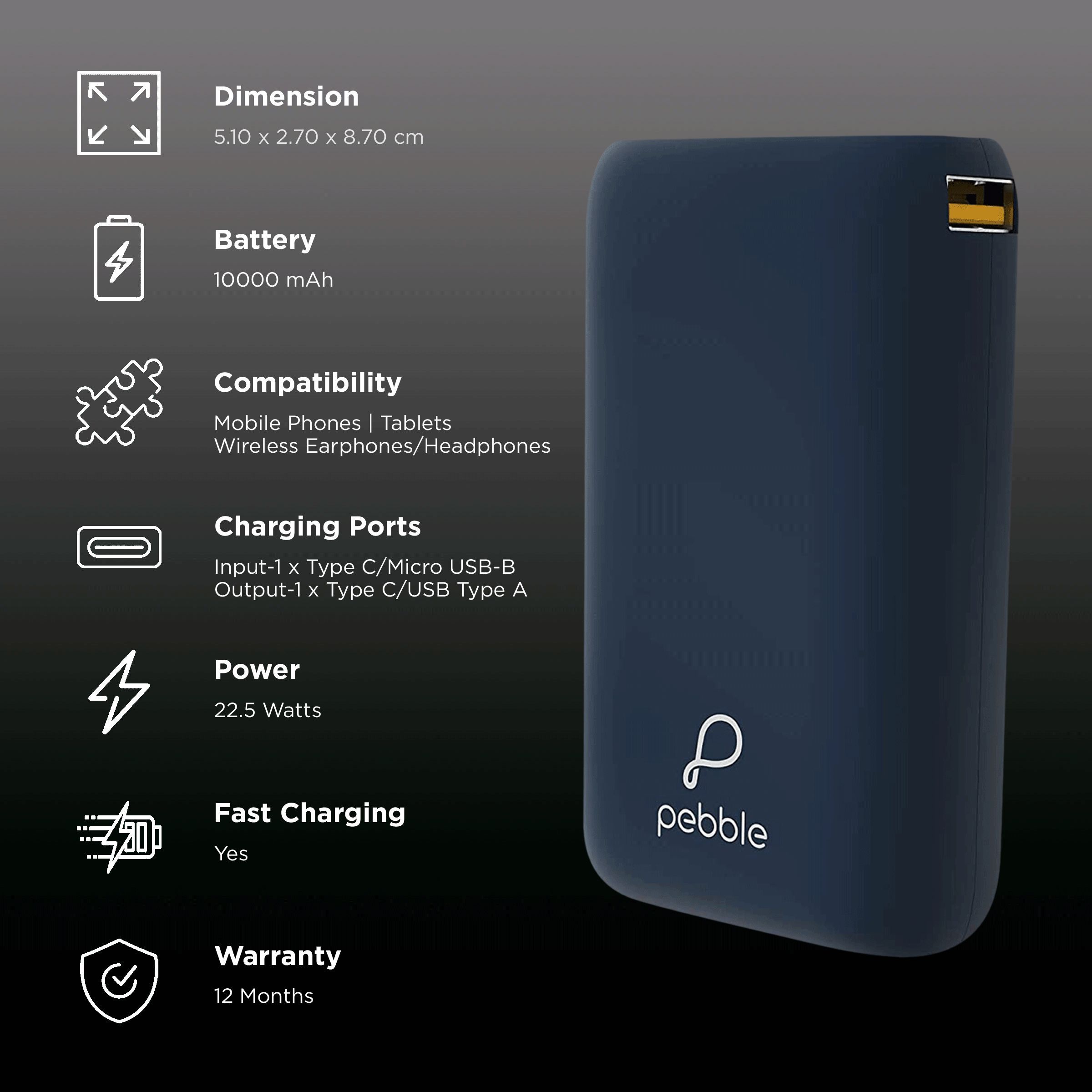 Pebble Rapid 10000 mAh 22.5W Fast Charging Power Bank (1 Micro USB Type B, 1 Type C & 1 Type A Ports, 10 Way Circuit Protection, Blue) Pebble Rapid 10000 mAh 22.5W Fast Charging Power Bank (1 Micro USB Type B, 1 Type C & 1 Type A Ports, 10 Way Circuit Protection, Blue)_3