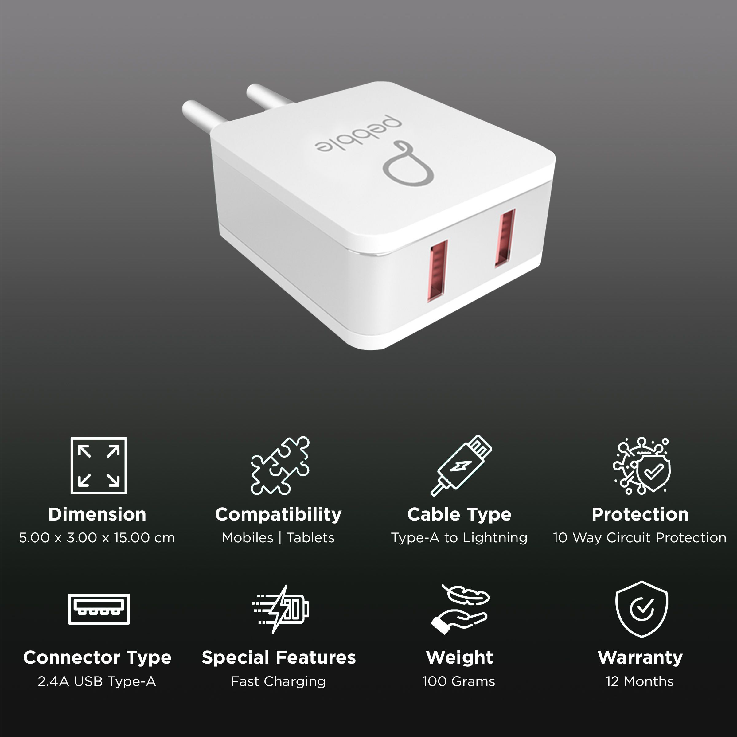Pebble 12W Type A 2-Port Fast Charger (Type A to Lightning Cable, 10 Way Circuit Protection, White)_2