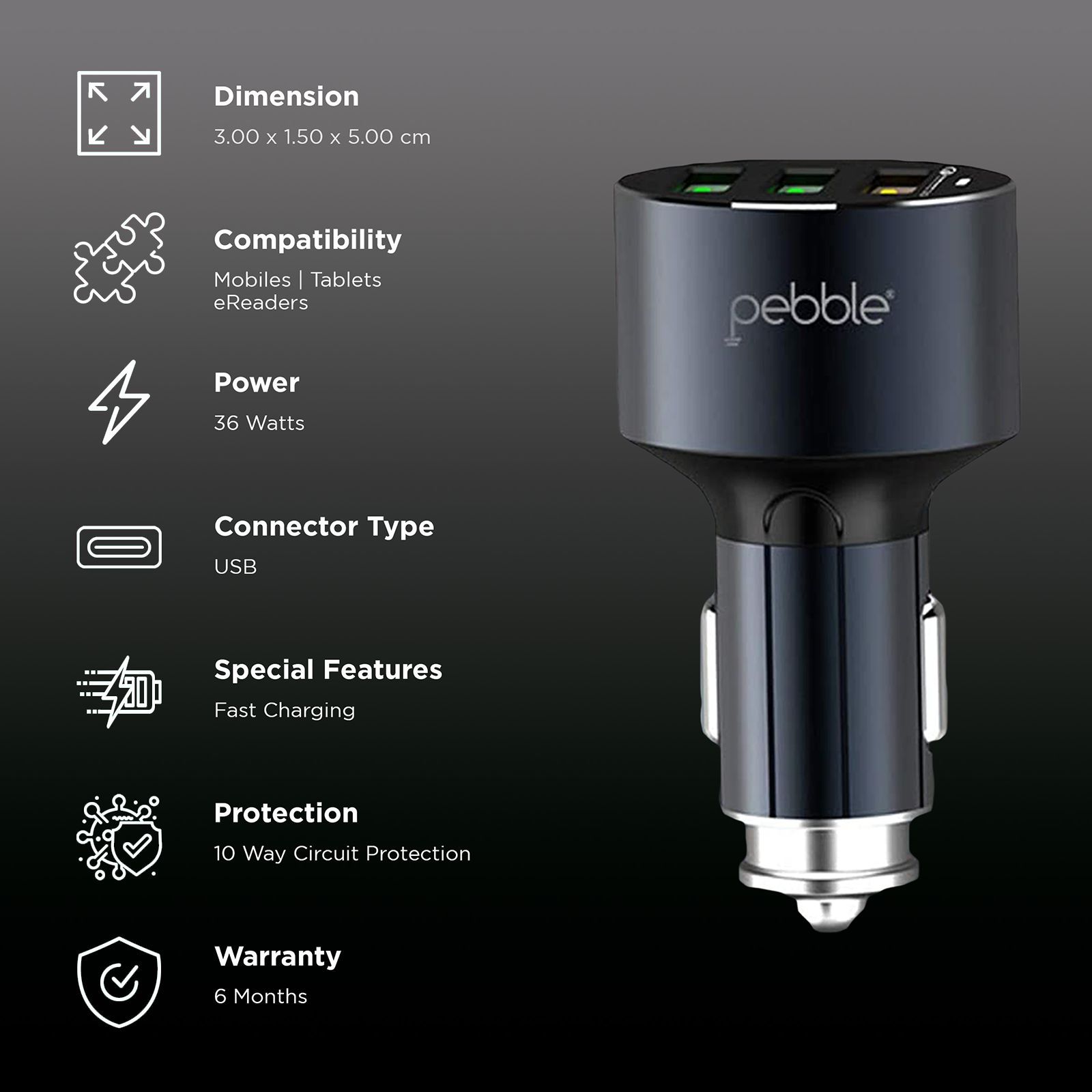 pebble 36W Type A 3-Port Quick Charger (Type A to Micro USB Cable, 10 Way Circuit Protection, Black)_2