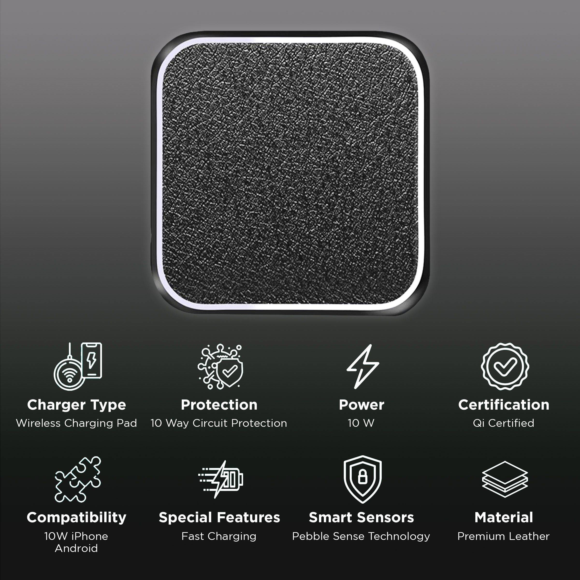 Pebble Crux 10W Wireless Charger for iOS, Android (Qi Certified, 10 Way Circuit Protection, Charcoal Black)_2