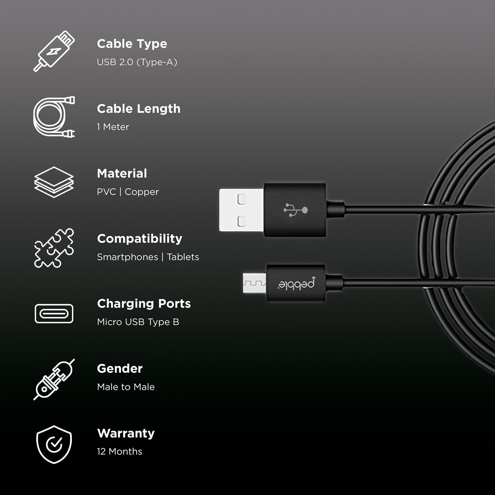 Pebble Type A to Micro USB 3.3 Feet (1M) Cable (4000 Plus Bends Lifespan, Black)_2