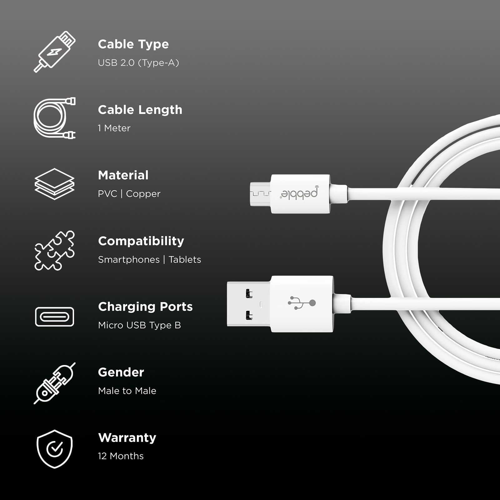 Pebble Type A to Micro USB 3.3 Feet (1M) Cable (4000 Plus Bends Lifespan, White)_2