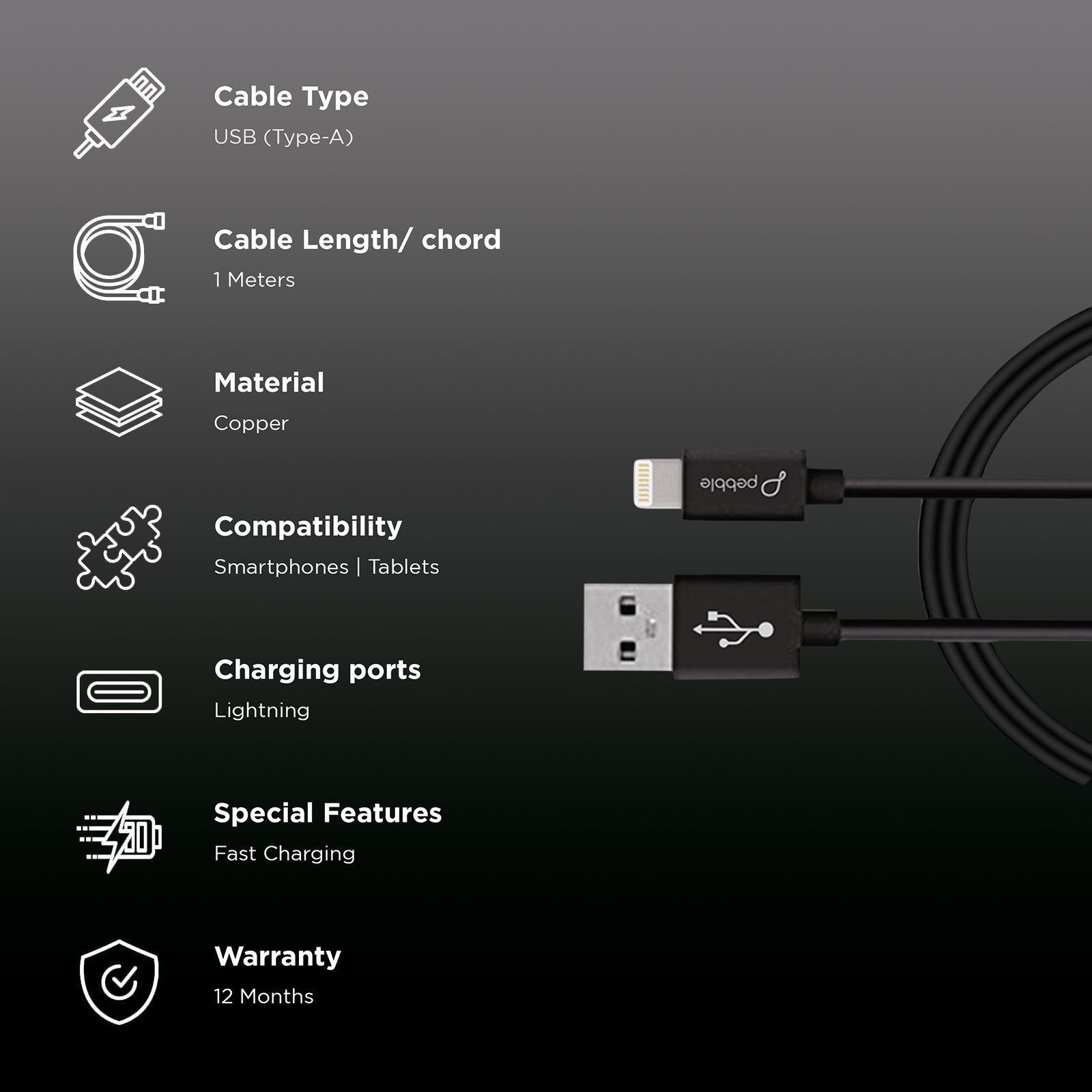 pebble PBCL10 Type A to Lightning 3.2 Feet (1M) Cable (Fast Charging, Black)_2