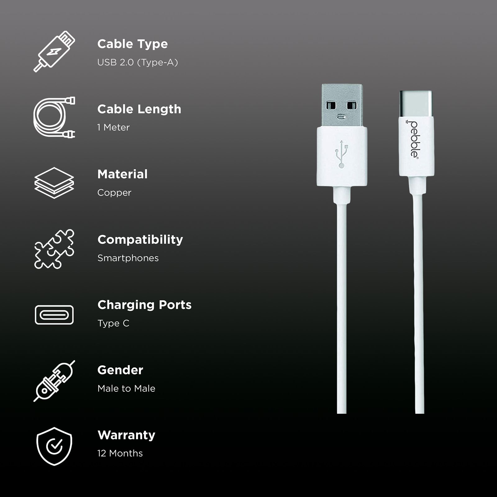 Pebble Type A to Type C 3.3 Feet (1M) Cable (Sync and Charge, White)_2