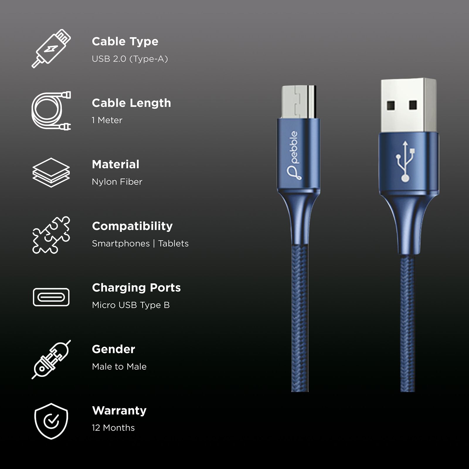 Pebble Type A to Micro USB 3.3 Feet (1M) Cable (Sync and Charge, Blue)_2
